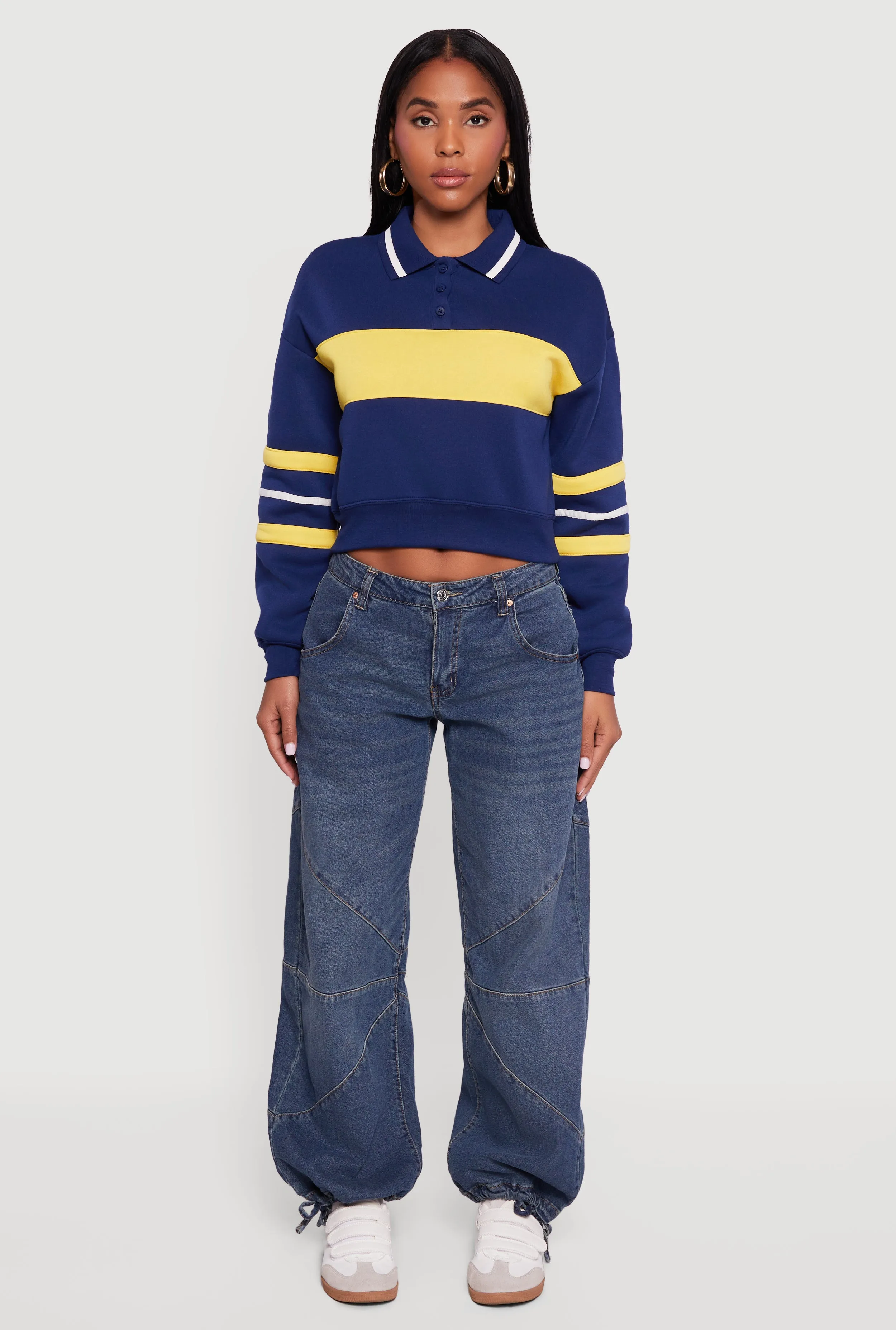 Cropped Color Block Polo Collar Sweatshirt sold by Rainbow product image thumbnail 3