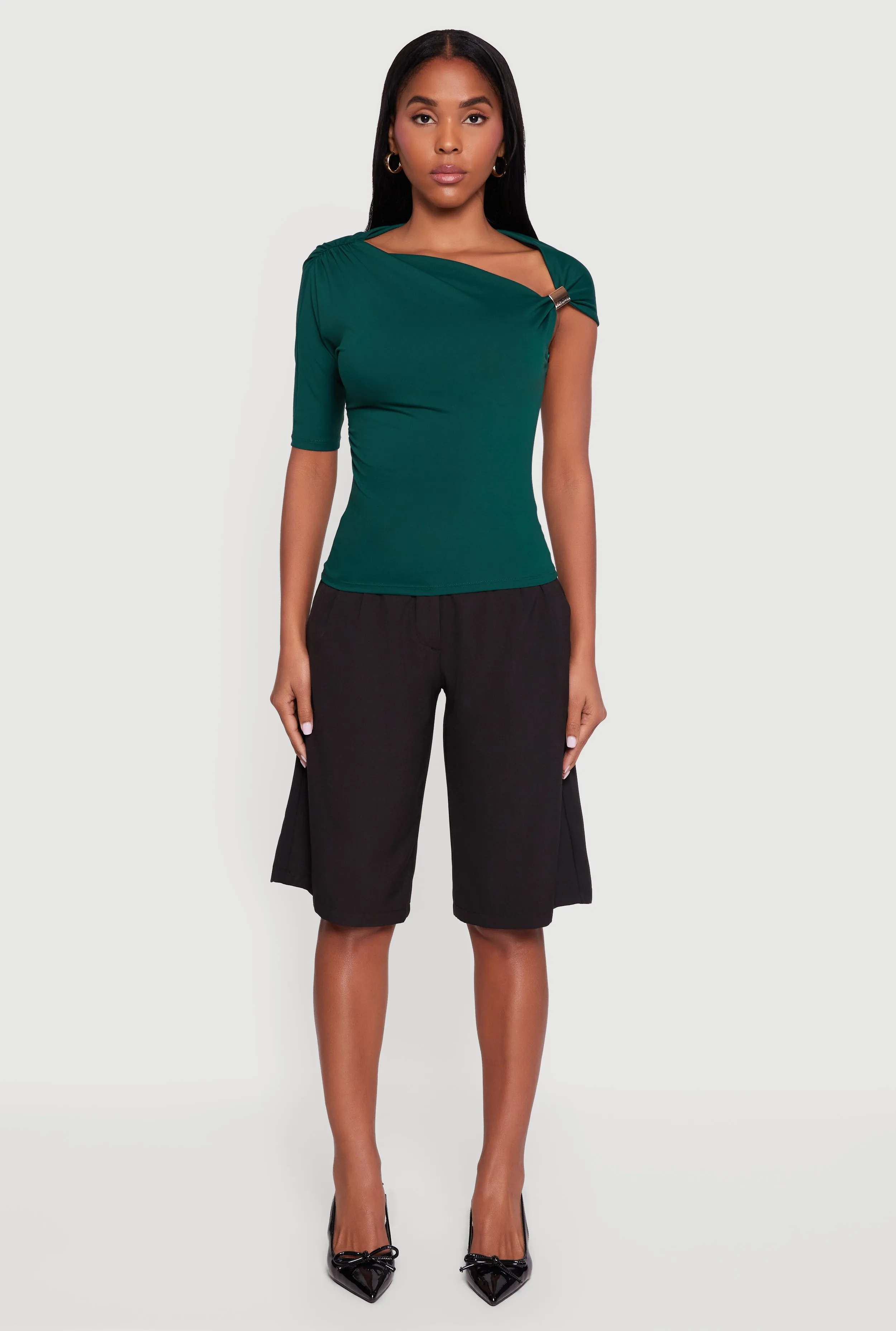 Metallic Detail Asymmetrical Neck Side Ruched Blouse sold by Rainbow product image thumbnail 3