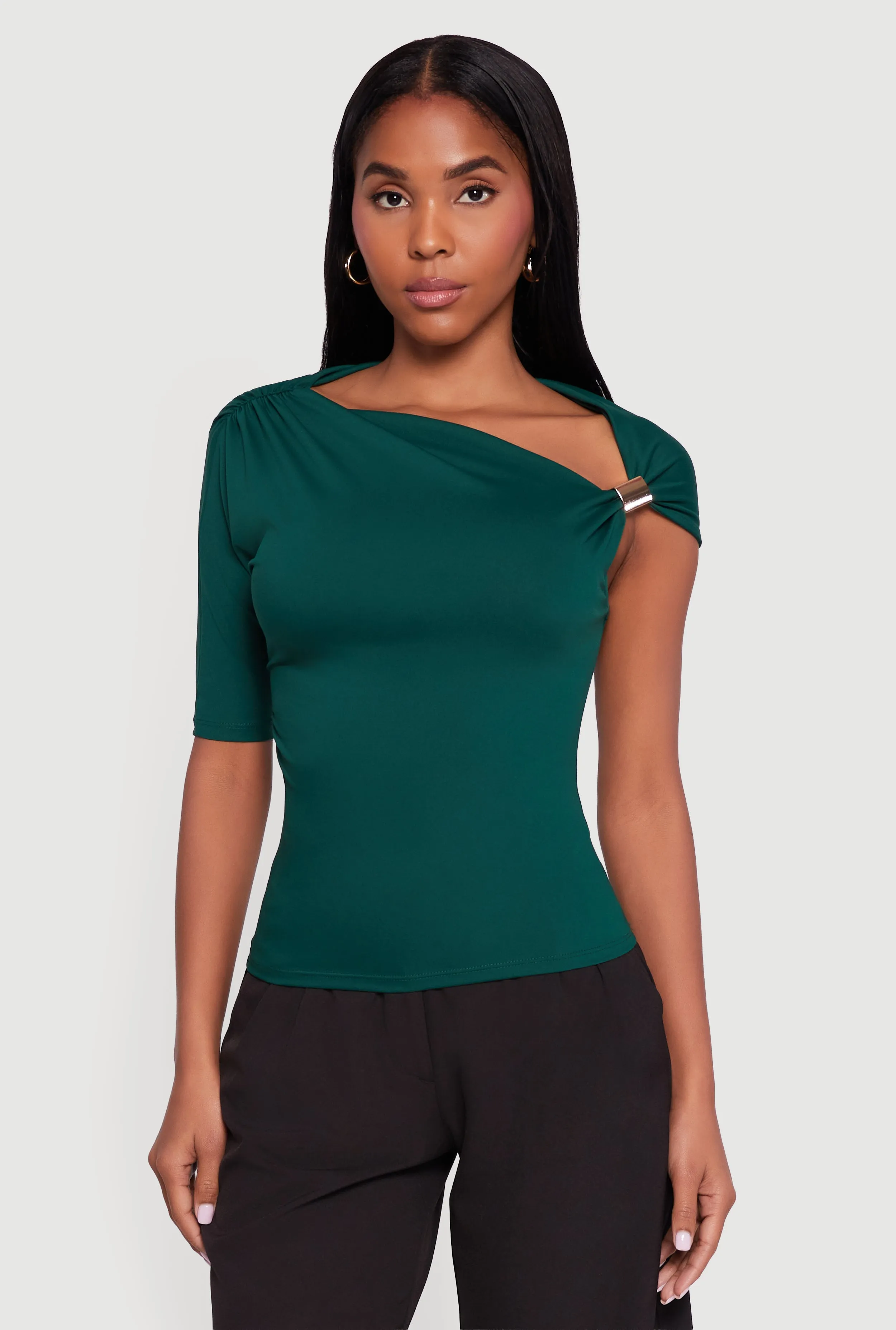 Metallic Detail Asymmetrical Neck Side Ruched Blouse sold by Rainbow product image thumbnail 2