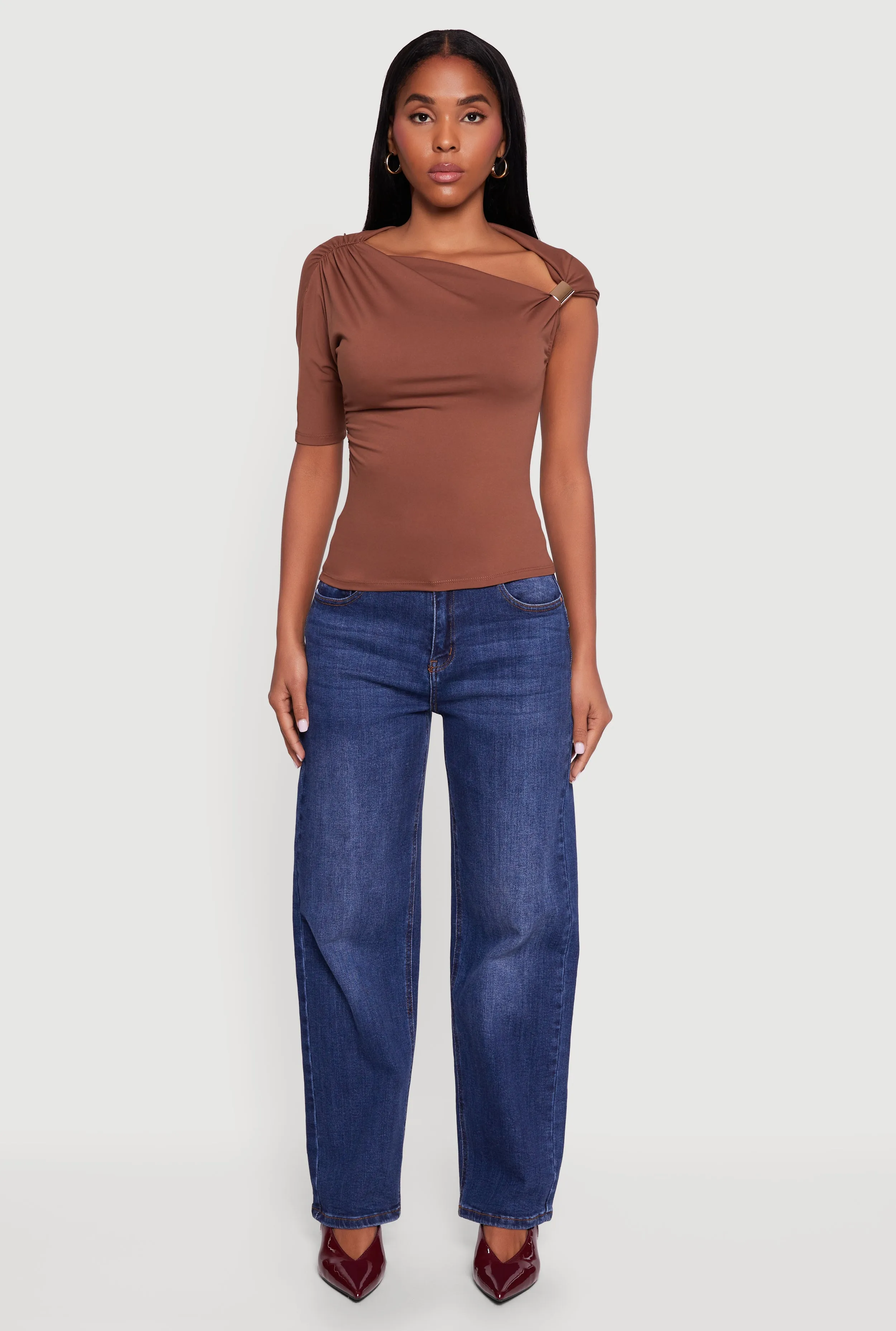 Metallic Detail Asymmetrical Neck Side Ruched Blouse sold by Rainbow product image thumbnail 3