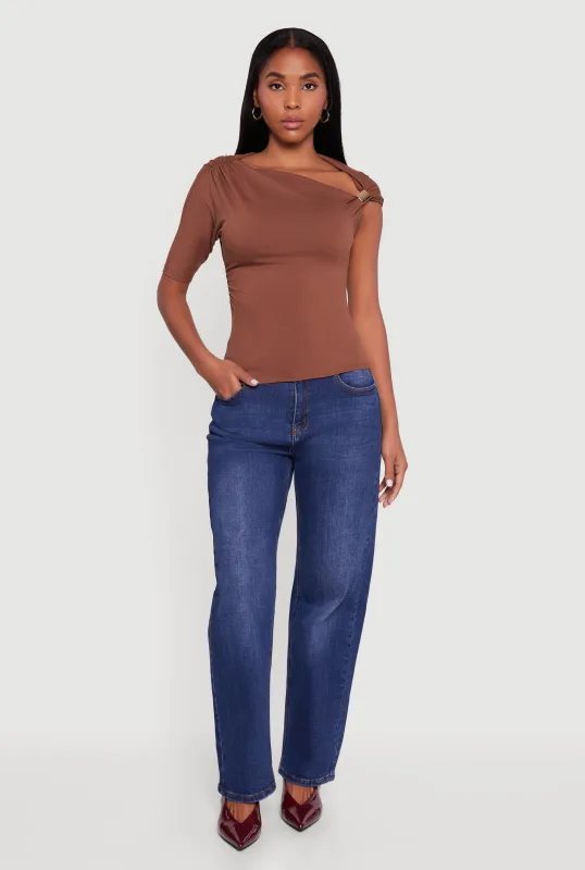 Metallic Detail Asymmetrical Neck Side Ruched Blouse sold by Rainbow