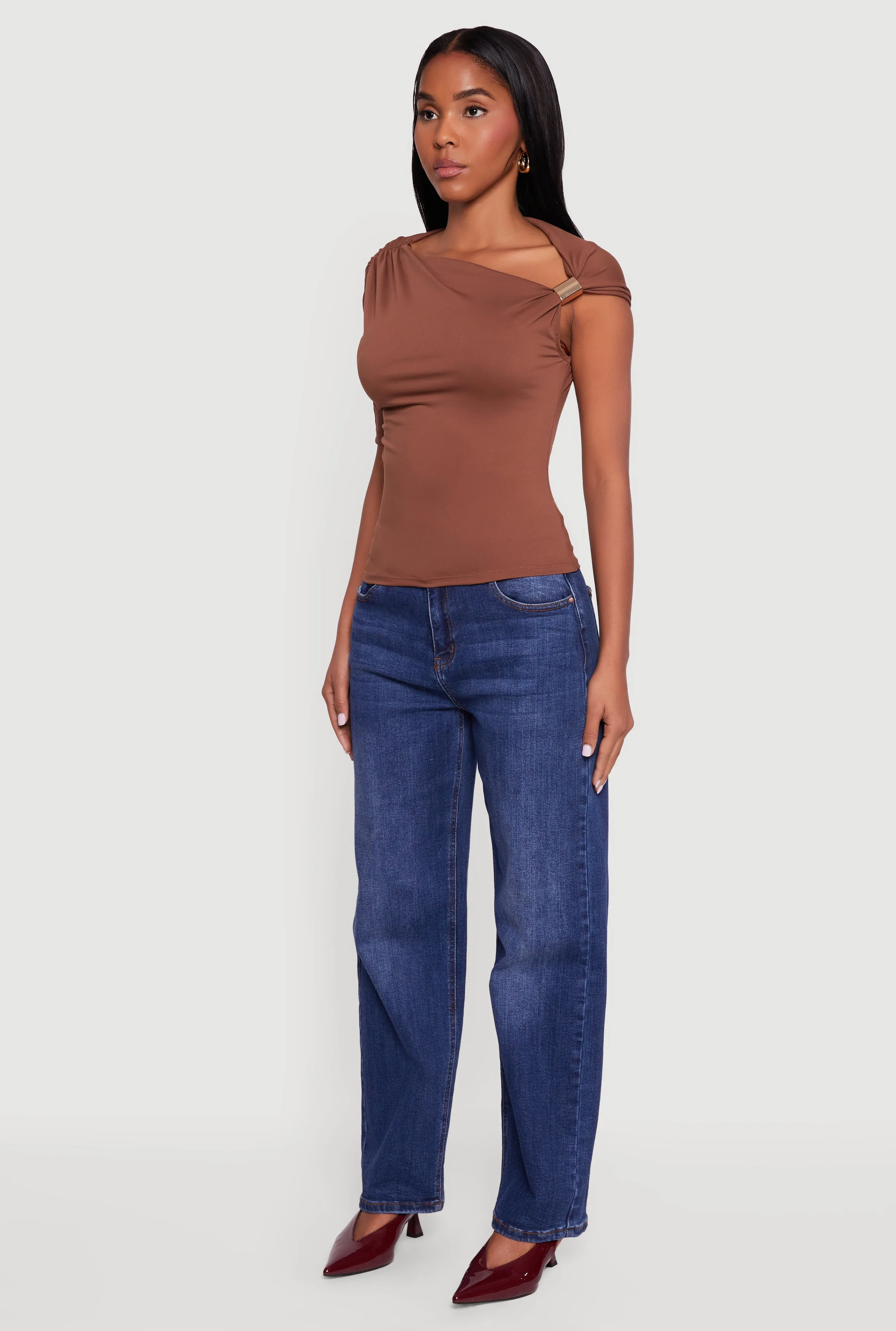 Metallic Detail Asymmetrical Neck Side Ruched Blouse sold by Rainbow product image thumbnail 5