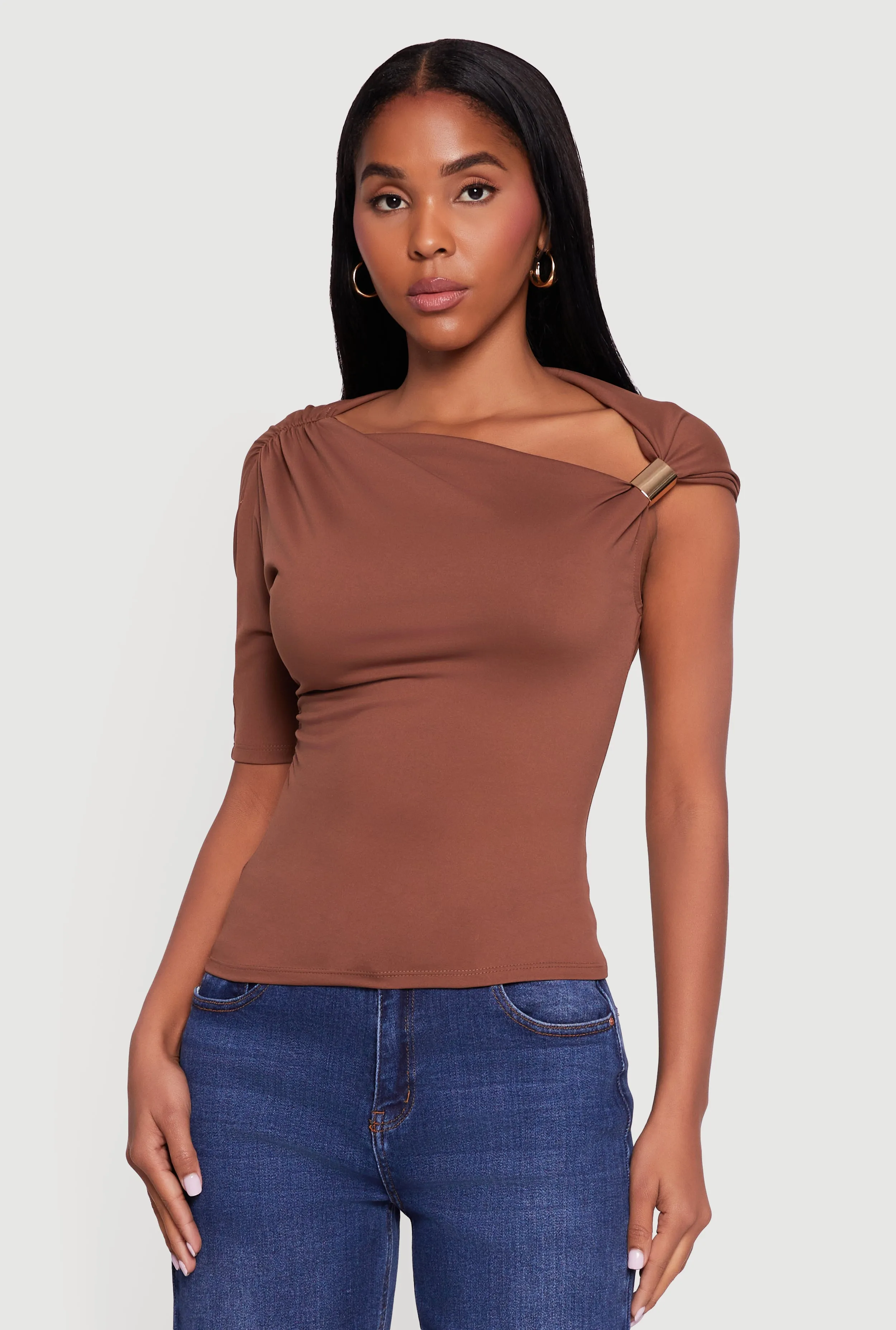 Metallic Detail Asymmetrical Neck Side Ruched Blouse sold by Rainbow product image thumbnail 2