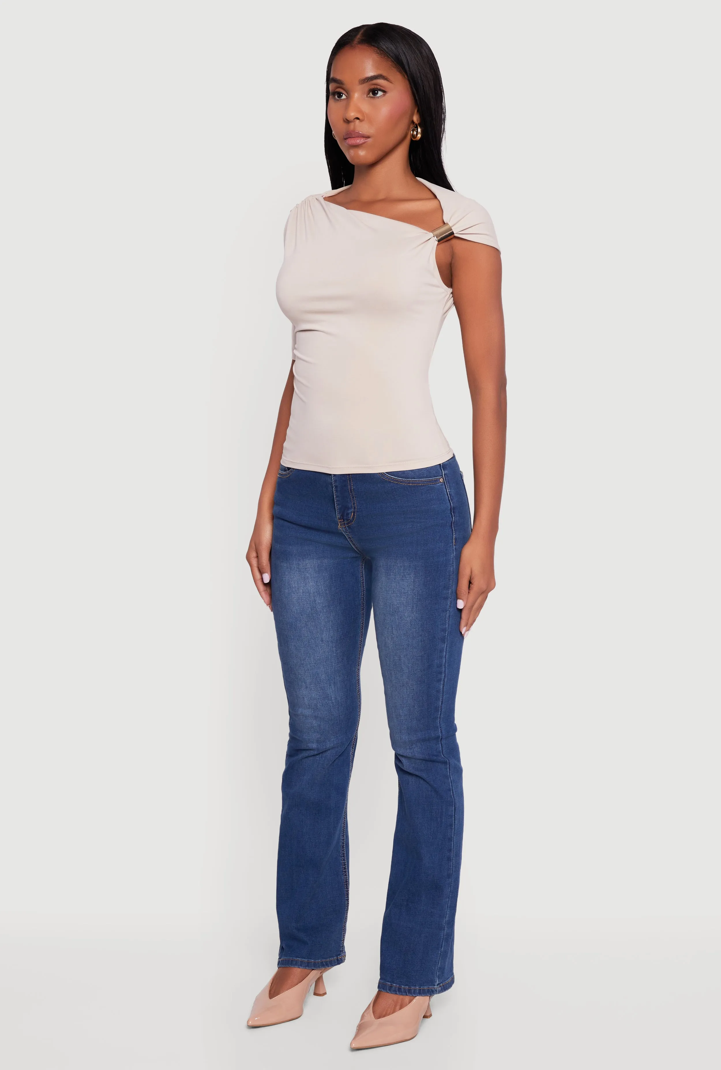 Metallic Detail Asymmetrical Neck Side Ruched Blouse sold by Rainbow product image thumbnail 5