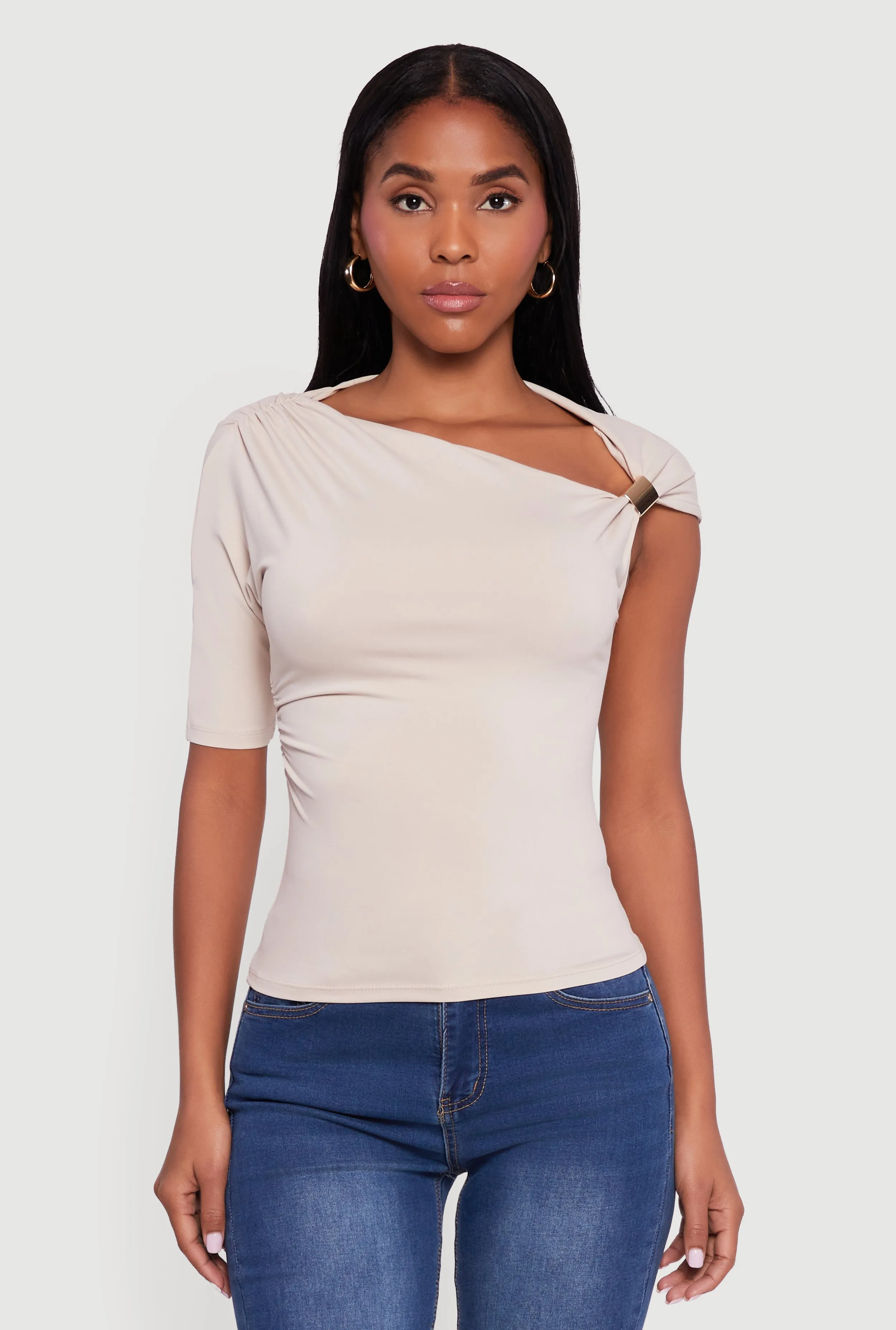 Metallic Detail Asymmetrical Neck Side Ruched Blouse sold by Rainbow product image thumbnail 2