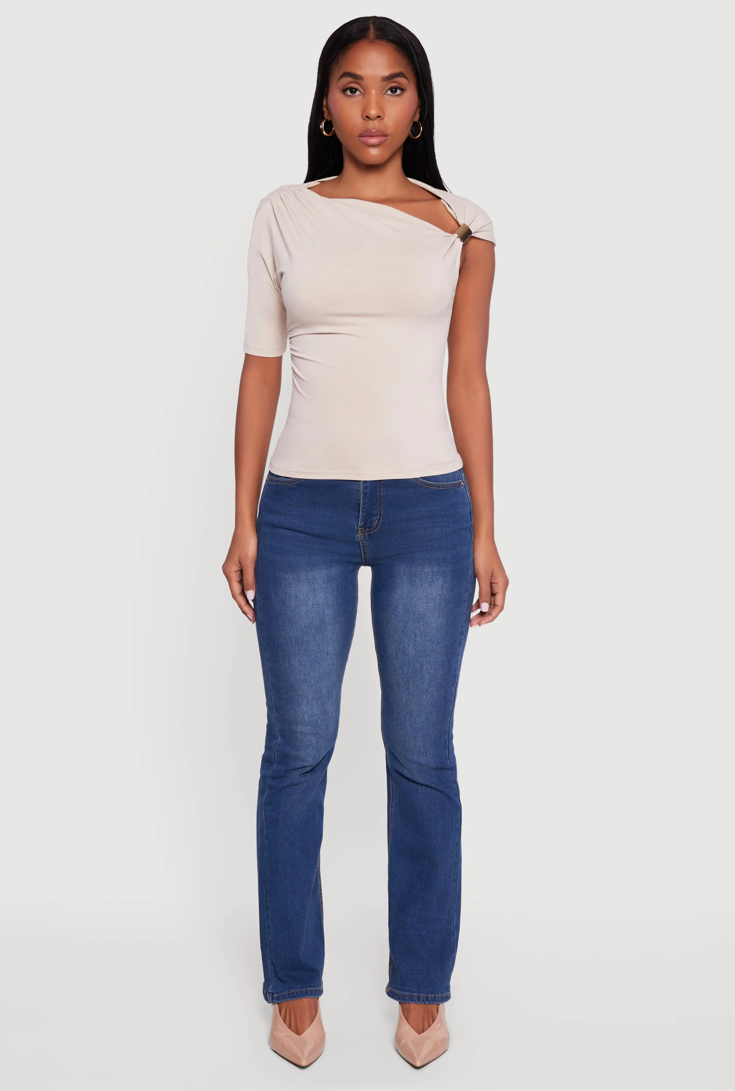 Metallic Detail Asymmetrical Neck Side Ruched Blouse sold by Rainbow product image thumbnail 3