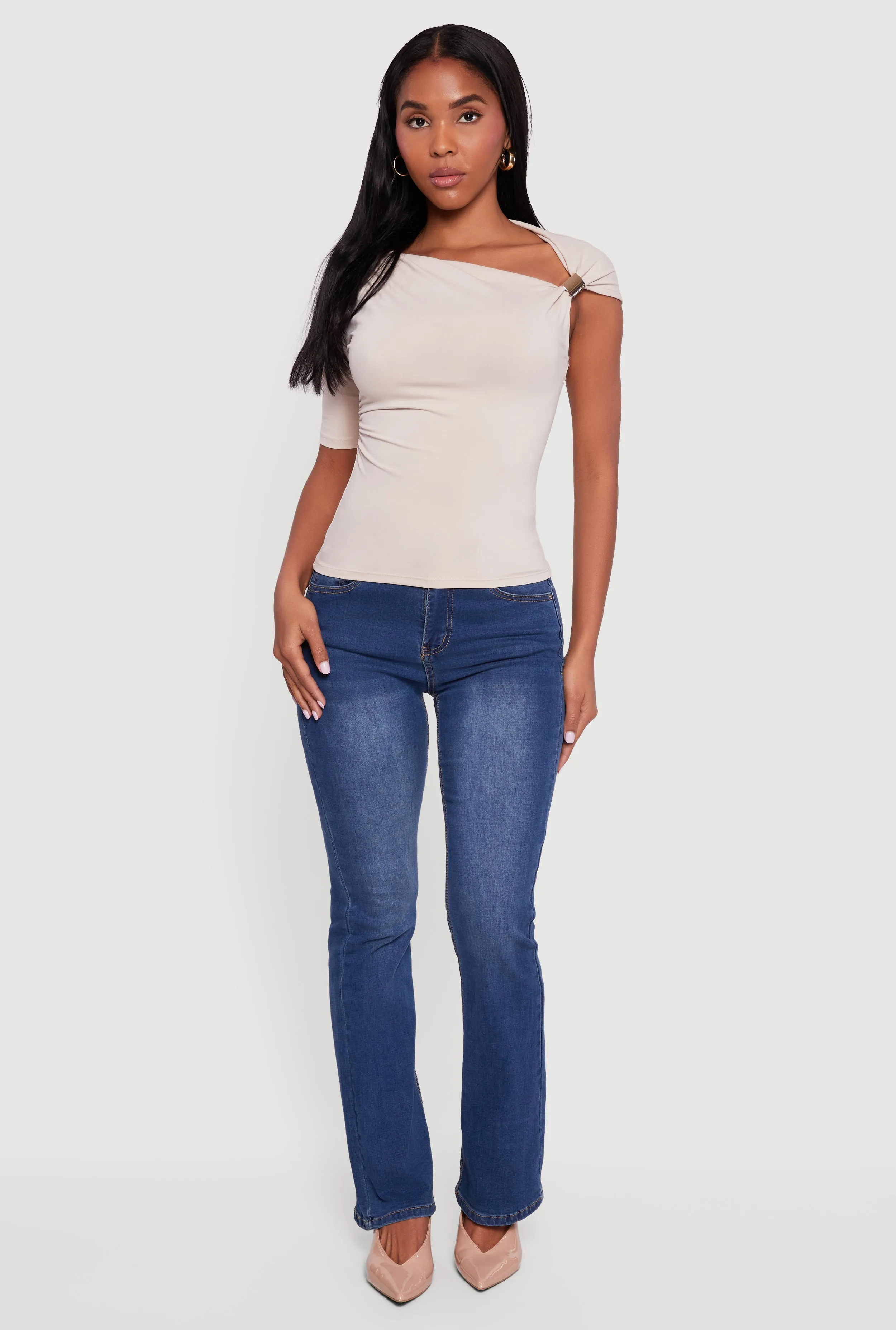 Metallic Detail Asymmetrical Neck Side Ruched Blouse sold by Rainbow