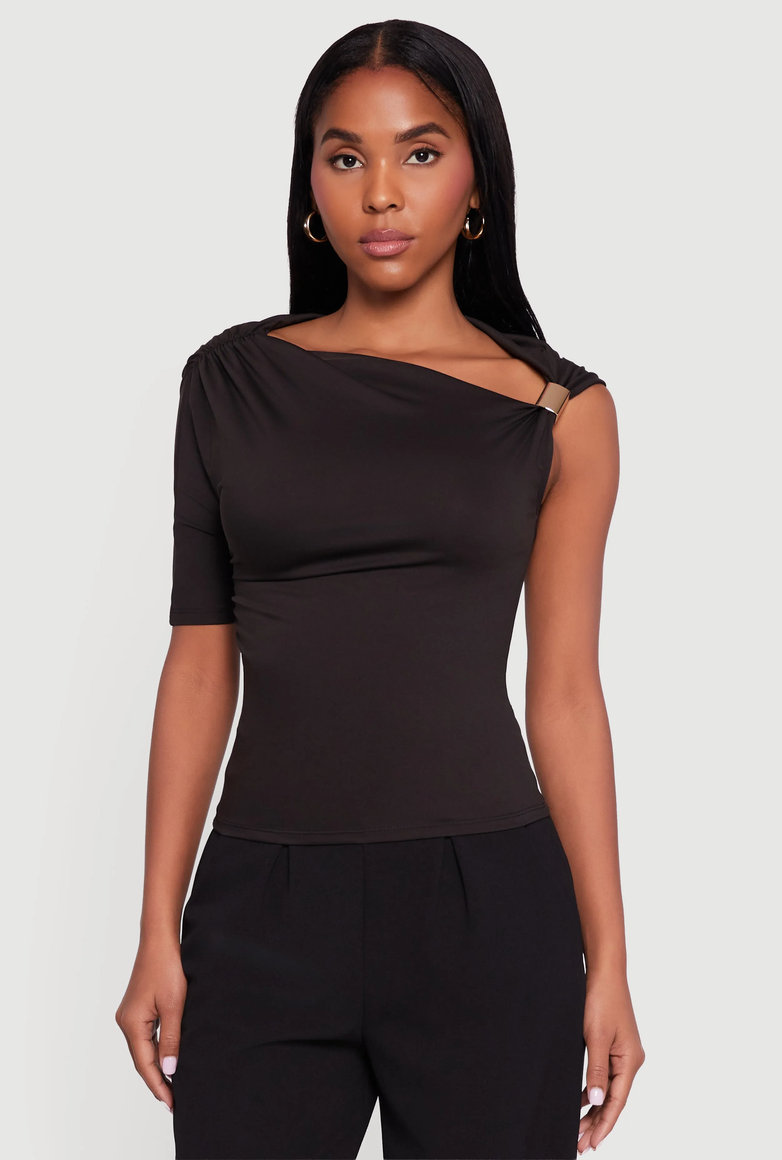 Metallic Detail Asymmetrical Neck Side Ruched Blouse sold by Rainbow product image thumbnail 2