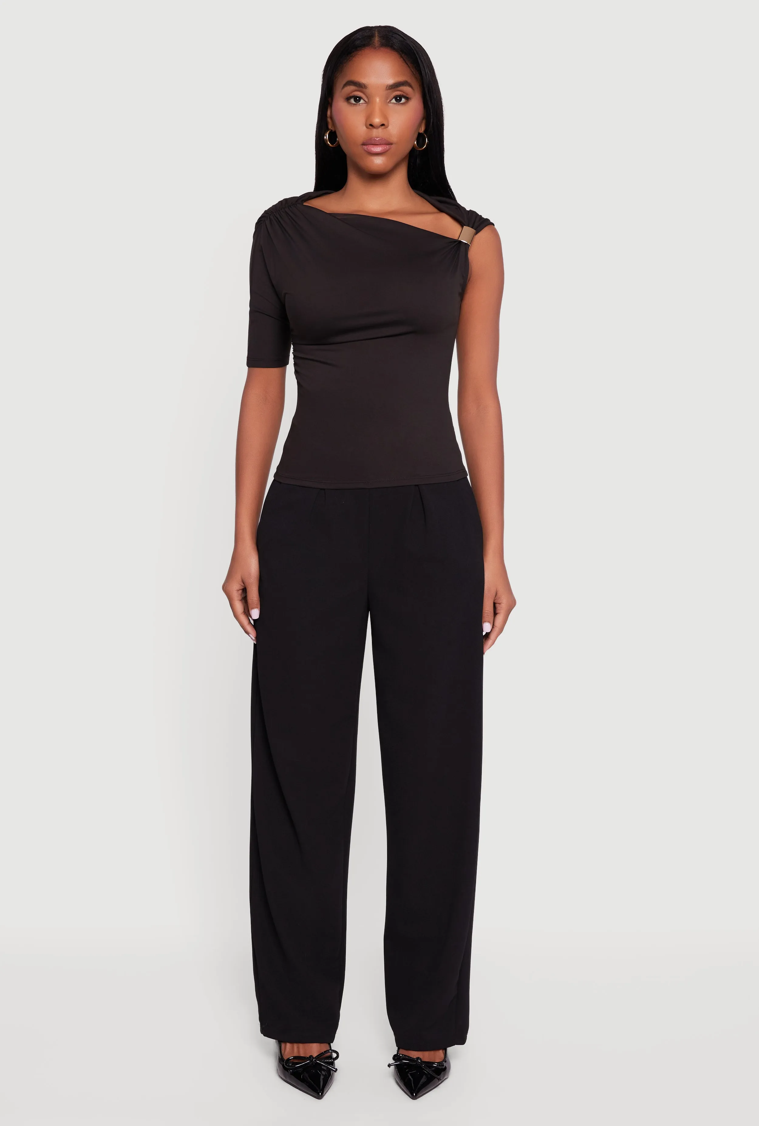 Metallic Detail Asymmetrical Neck Side Ruched Blouse sold by Rainbow product image thumbnail 3