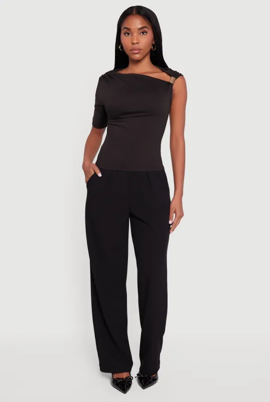 Metallic Detail Asymmetrical Neck Side Ruched Blouse sold by Rainbow