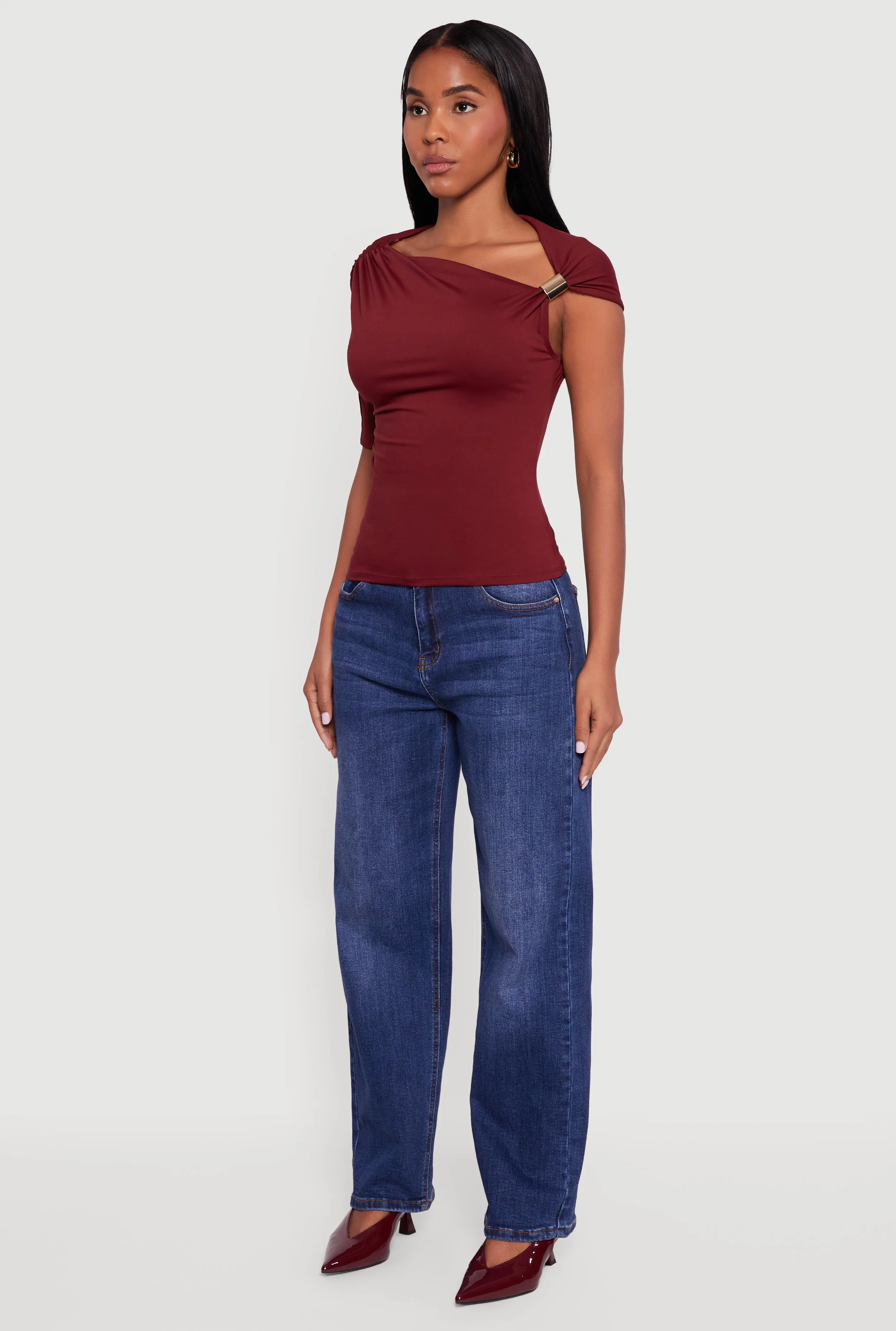 Metallic Detail Asymmetrical Neck Side Ruched Blouse sold by Rainbow product image thumbnail 5