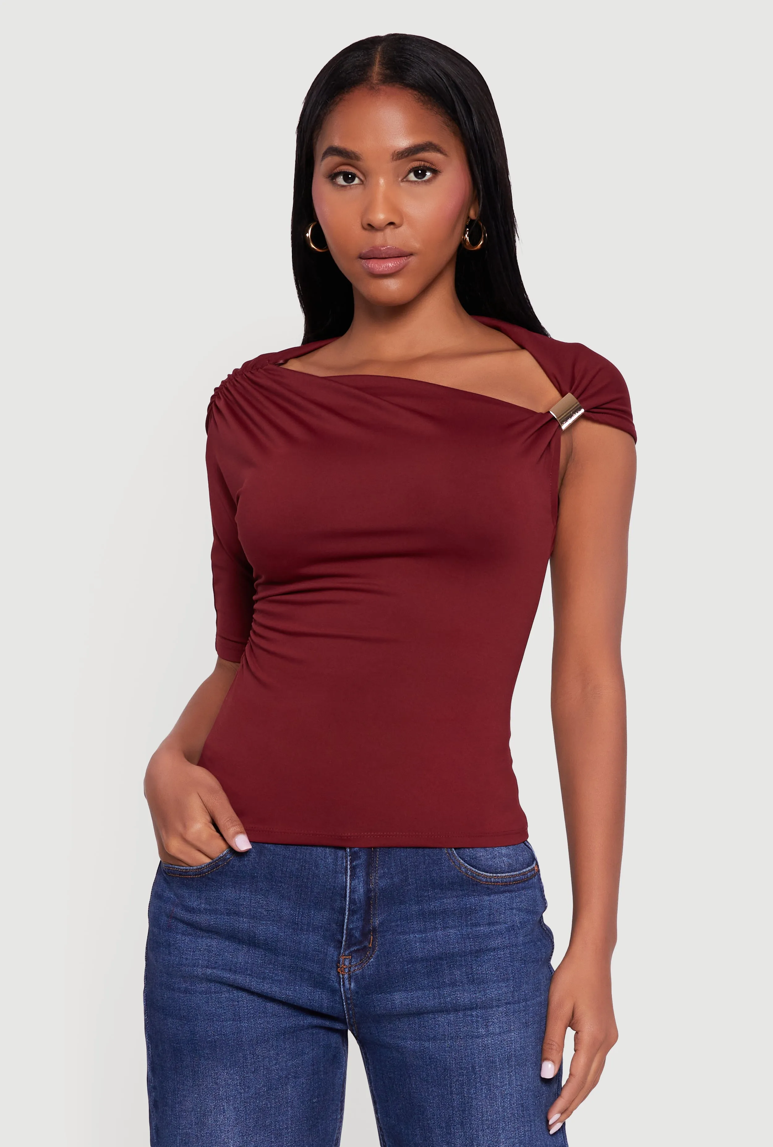 Metallic Detail Asymmetrical Neck Side Ruched Blouse sold by Rainbow product image thumbnail 2