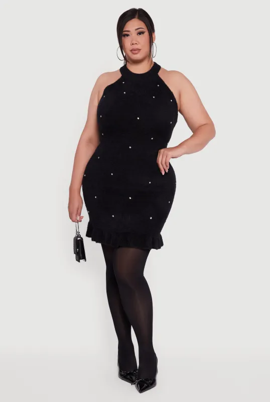 Plus Size Rhinestone Detail Eyelash Knit Halter Dress sold by Rainbow
