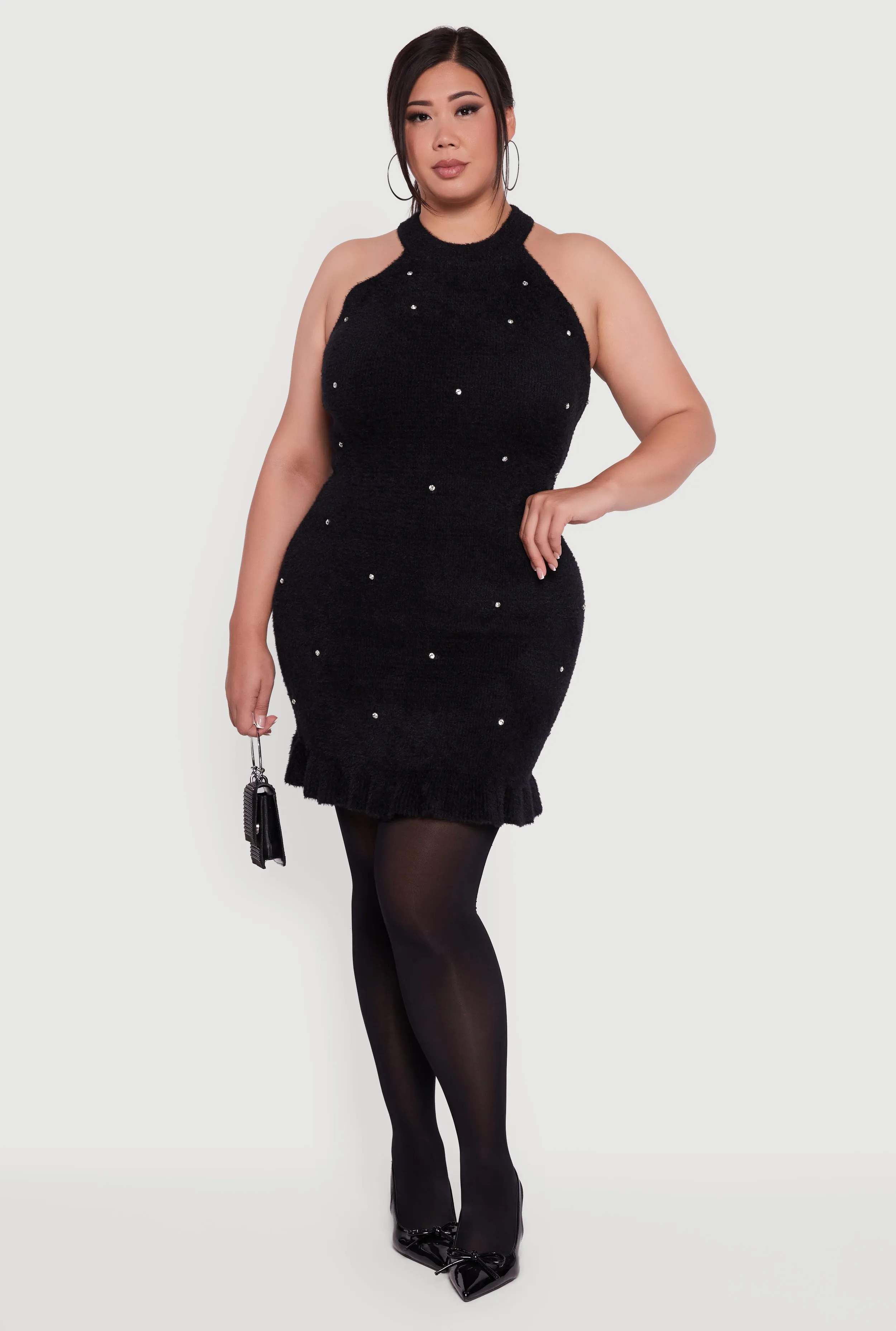 Plus Size Rhinestone Detail Eyelash Knit Halter Dress sold by Rainbow