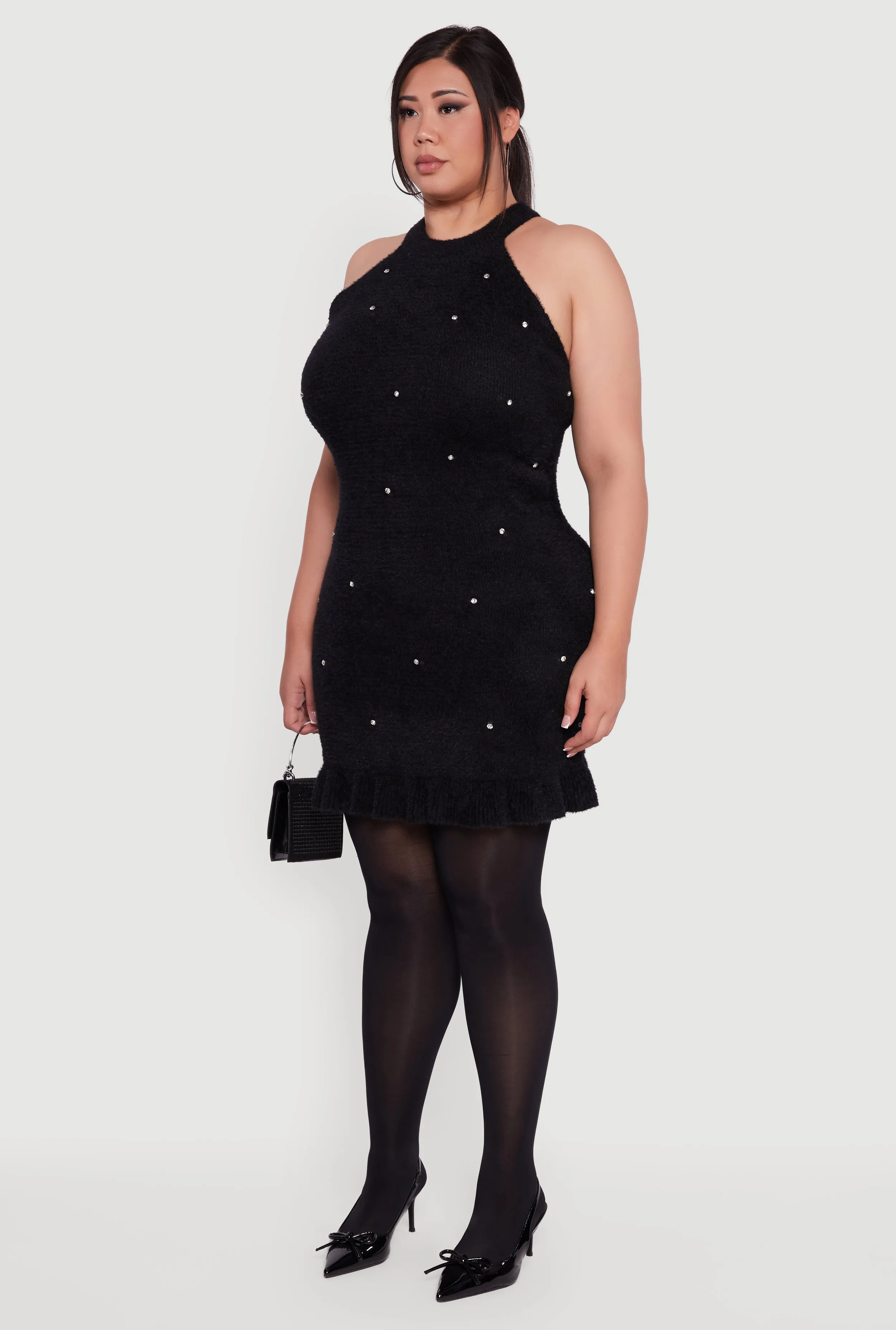Plus Size Rhinestone Detail Eyelash Knit Halter Dress sold by Rainbow product image thumbnail 3