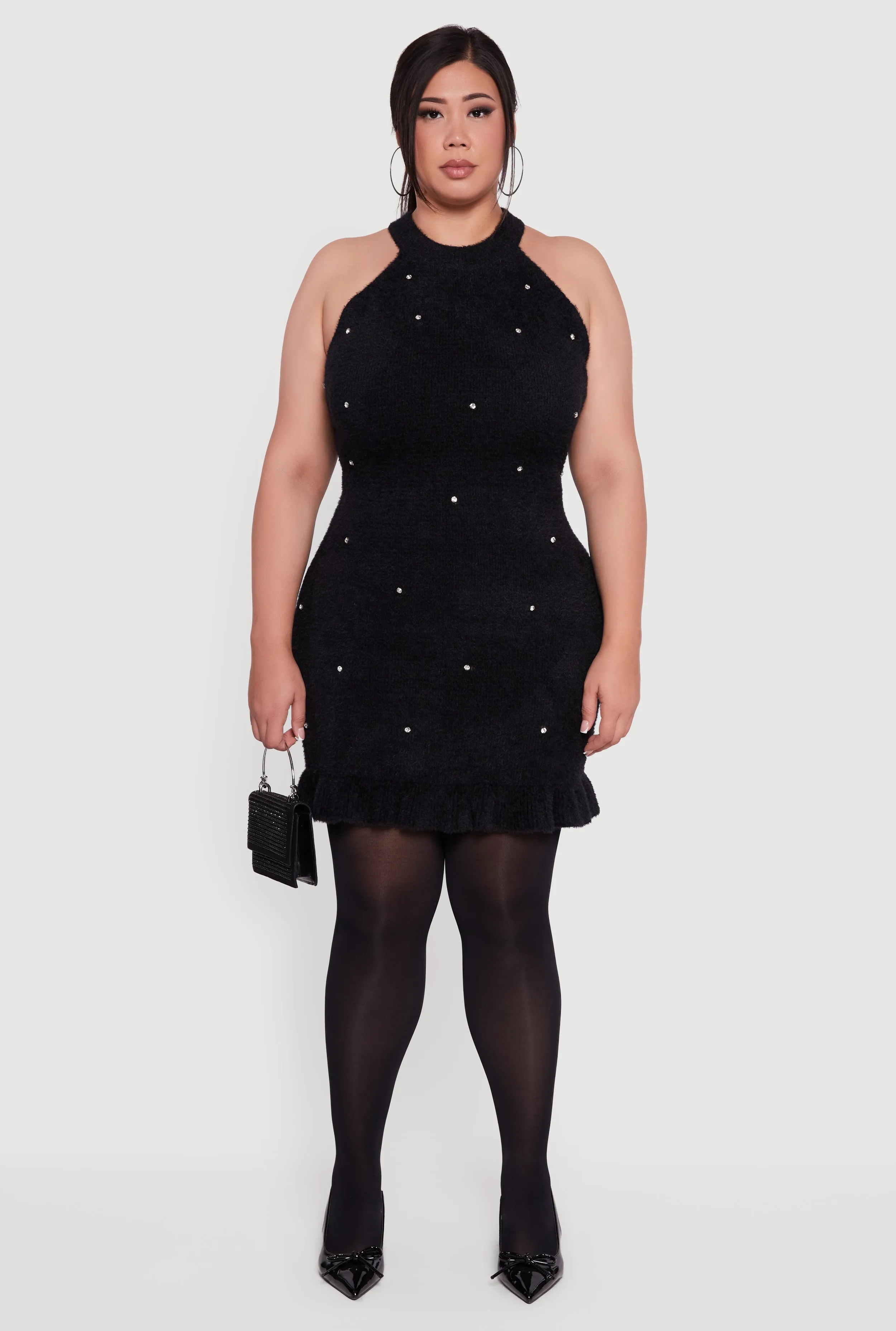 Plus Size Rhinestone Detail Eyelash Knit Halter Dress sold by Rainbow product image thumbnail 2