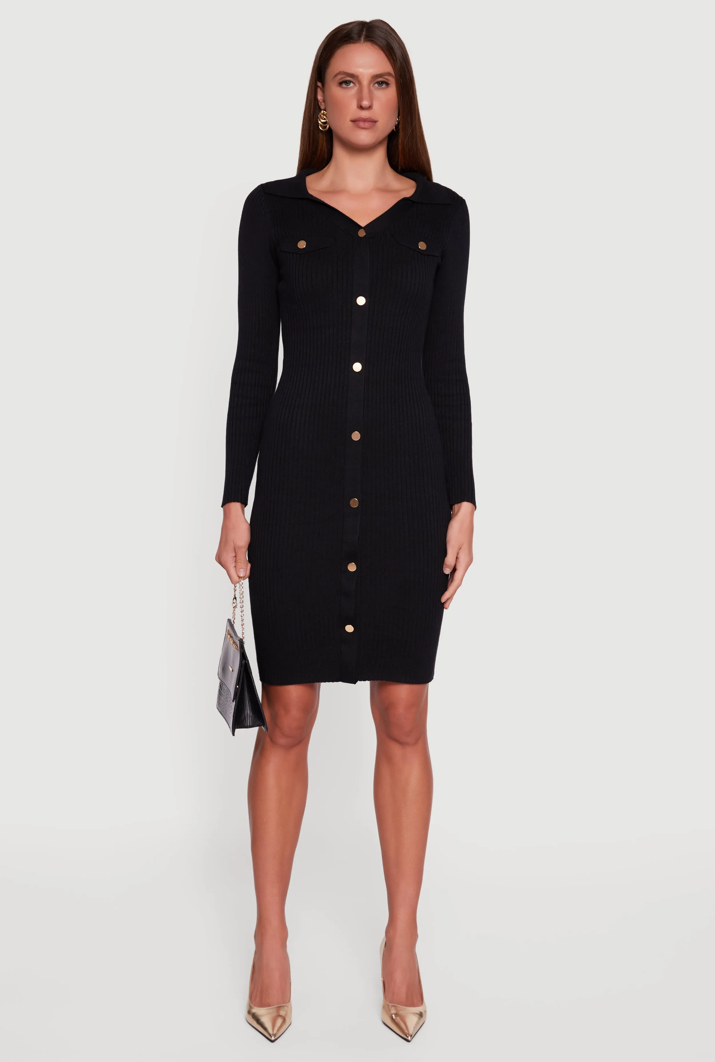 Collared Ribbed Knit Faux Button Midi Sweater Dress sold by Rainbow product image thumbnail 2