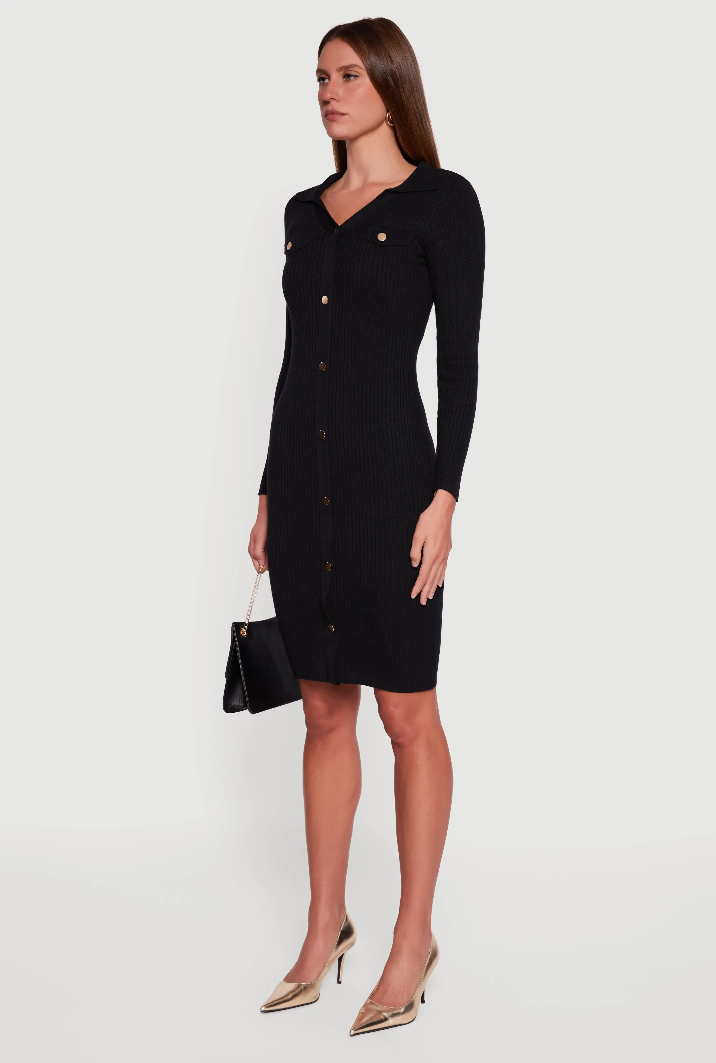 Collared Ribbed Knit Faux Button Midi Sweater Dress sold by Rainbow product image thumbnail 3