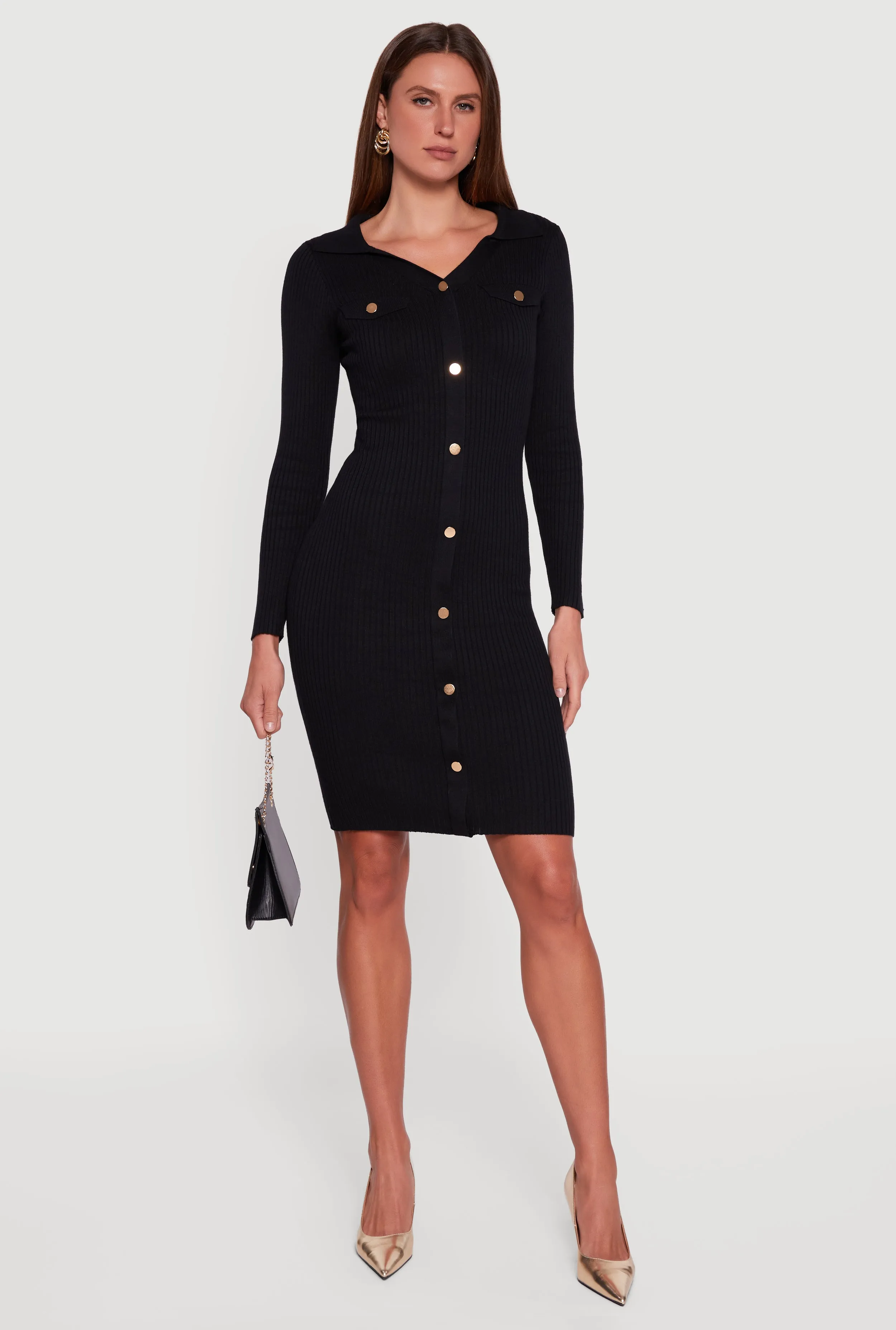 Collared Ribbed Knit Faux Button Midi Sweater Dress sold by Rainbow