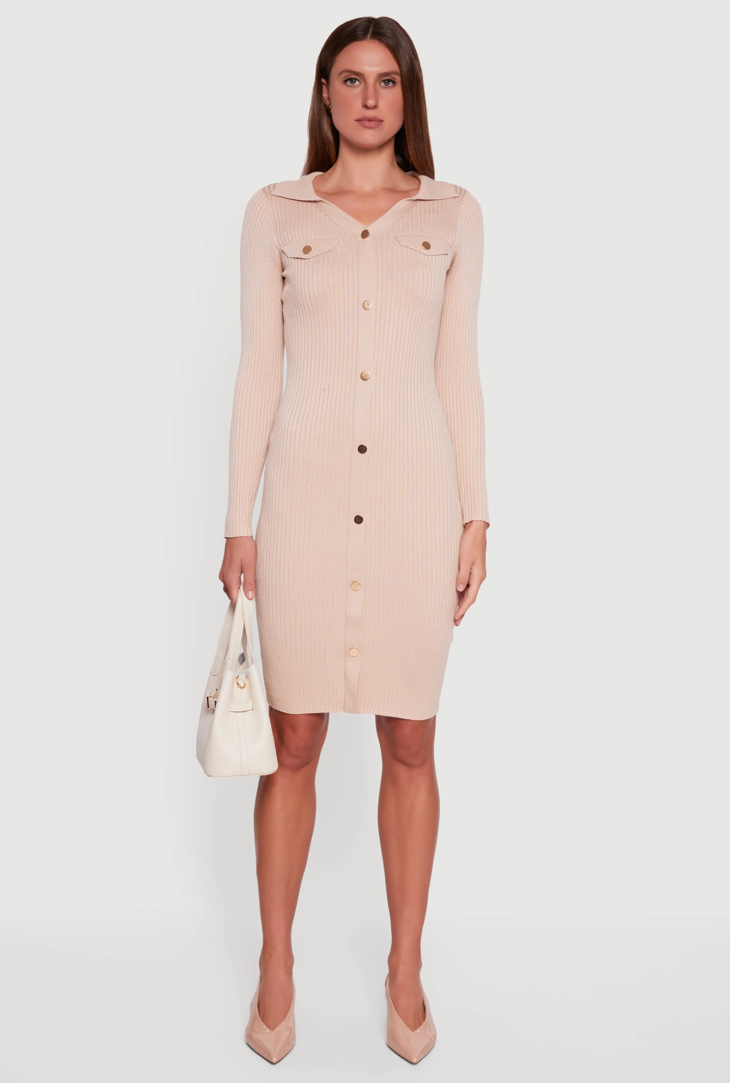 Collared Ribbed Knit Faux Button Midi Sweater Dress sold by Rainbow product image thumbnail 2