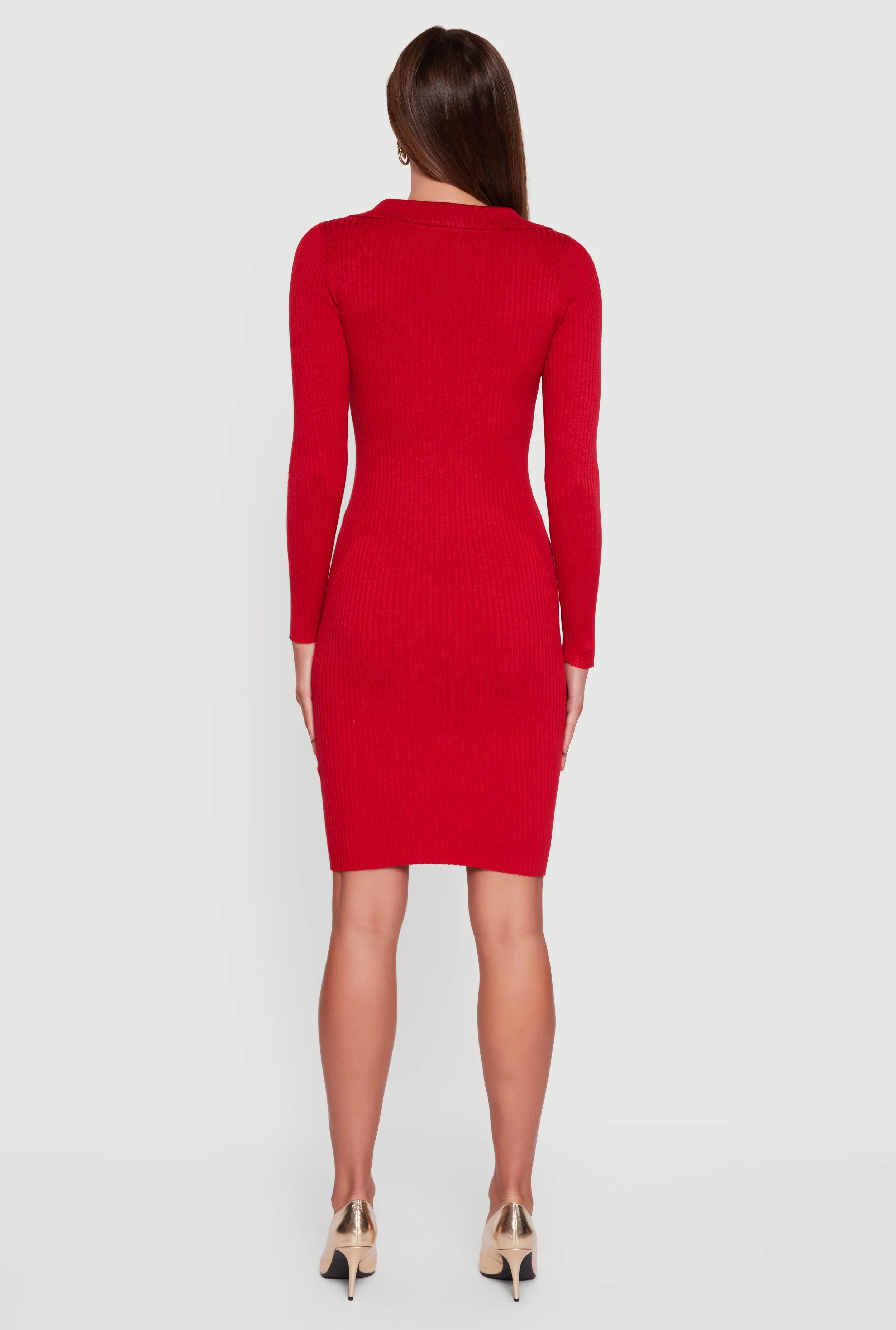 Collared Ribbed Knit Faux Button Midi Sweater Dress sold by Rainbow product image thumbnail 5