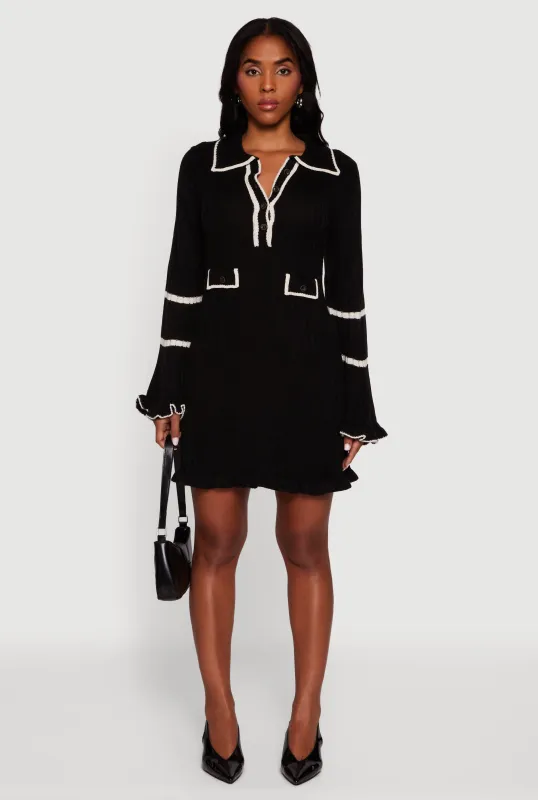 Rib Knit Contrast Trim Polo Sweater Dress sold by Rainbow