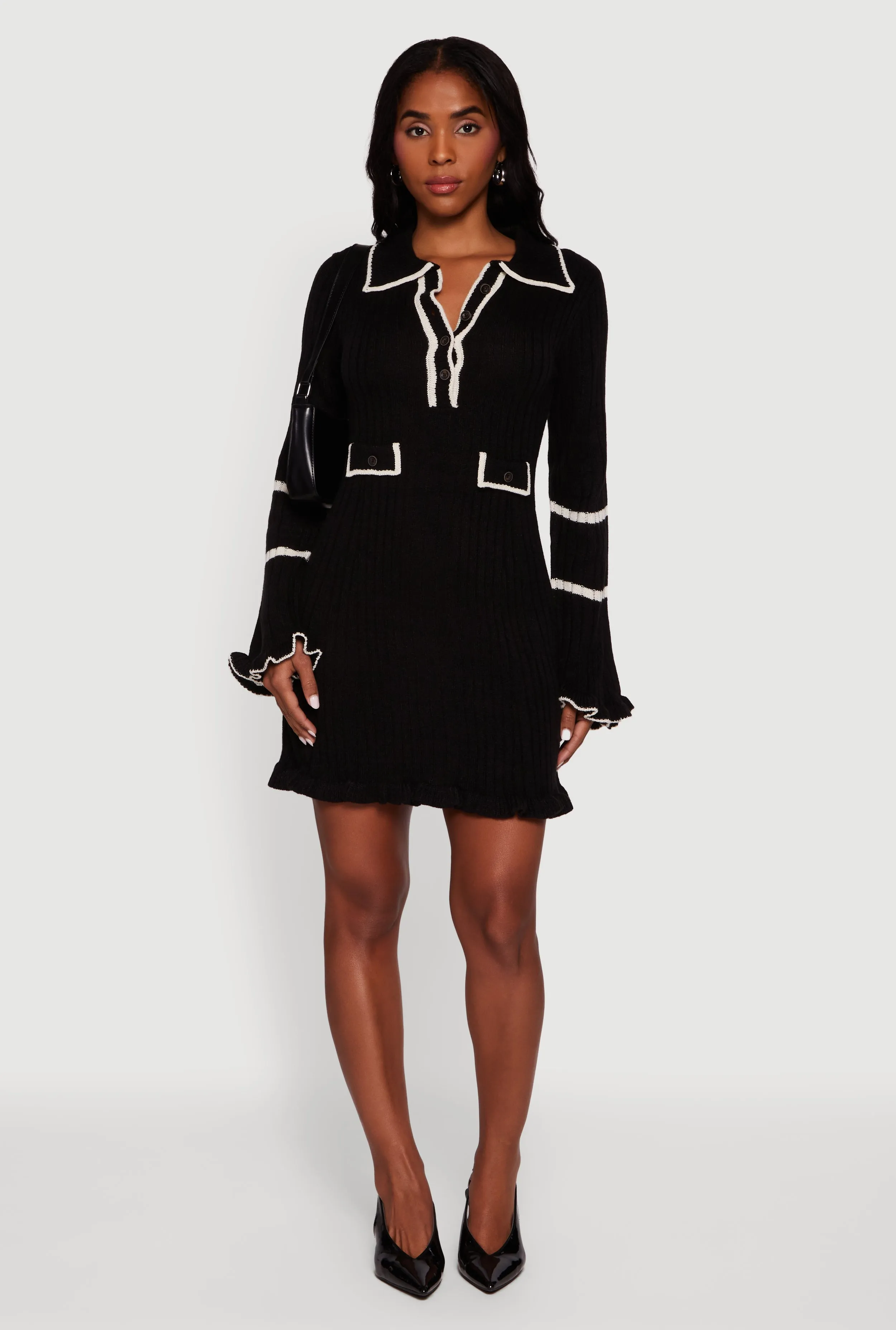 Rib Knit Contrast Trim Polo Sweater Dress sold by Rainbow product image thumbnail 2