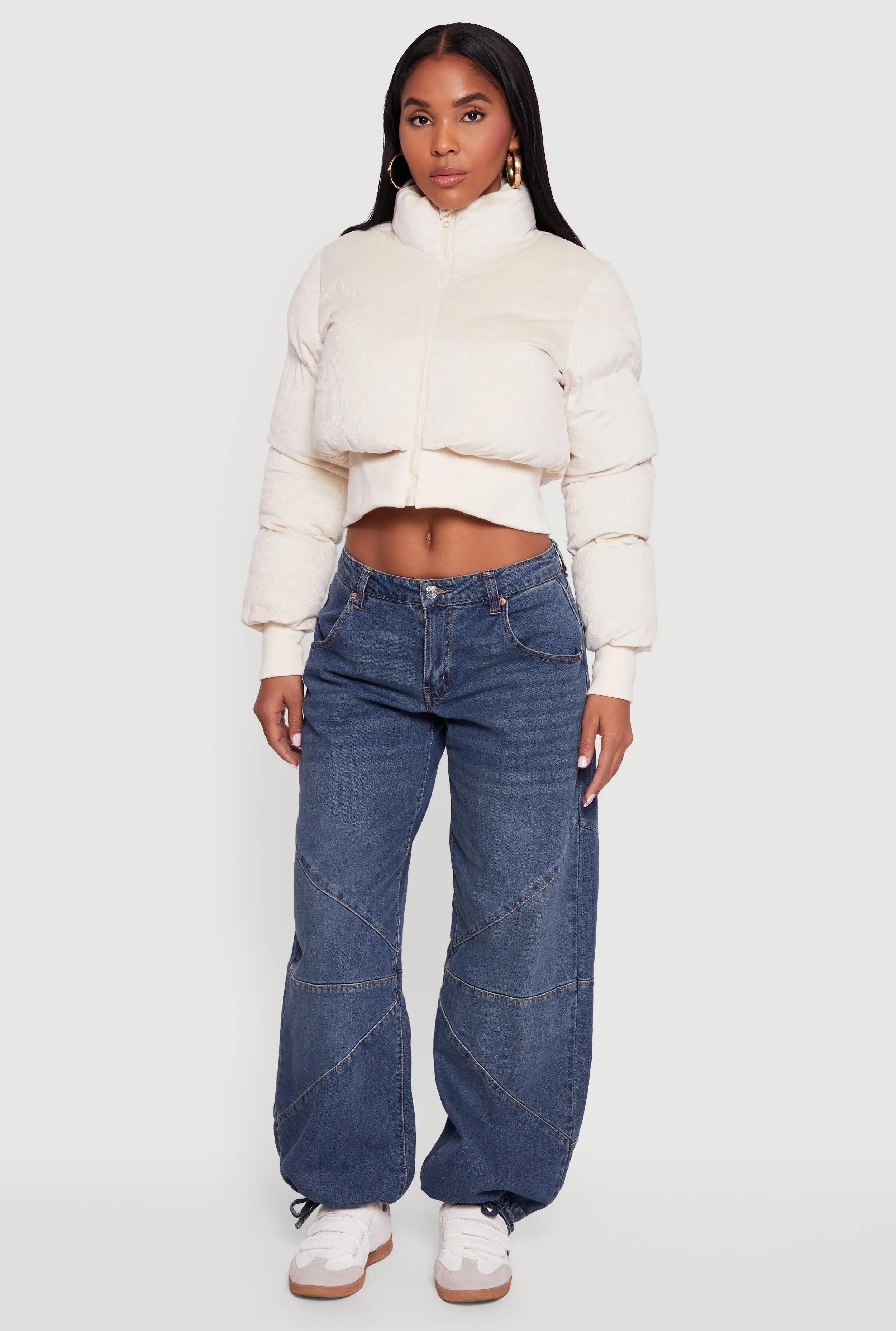 Corduroy Zip Front Mock Neck Cropped Puffer Jacket sold by Rainbow product image thumbnail 2