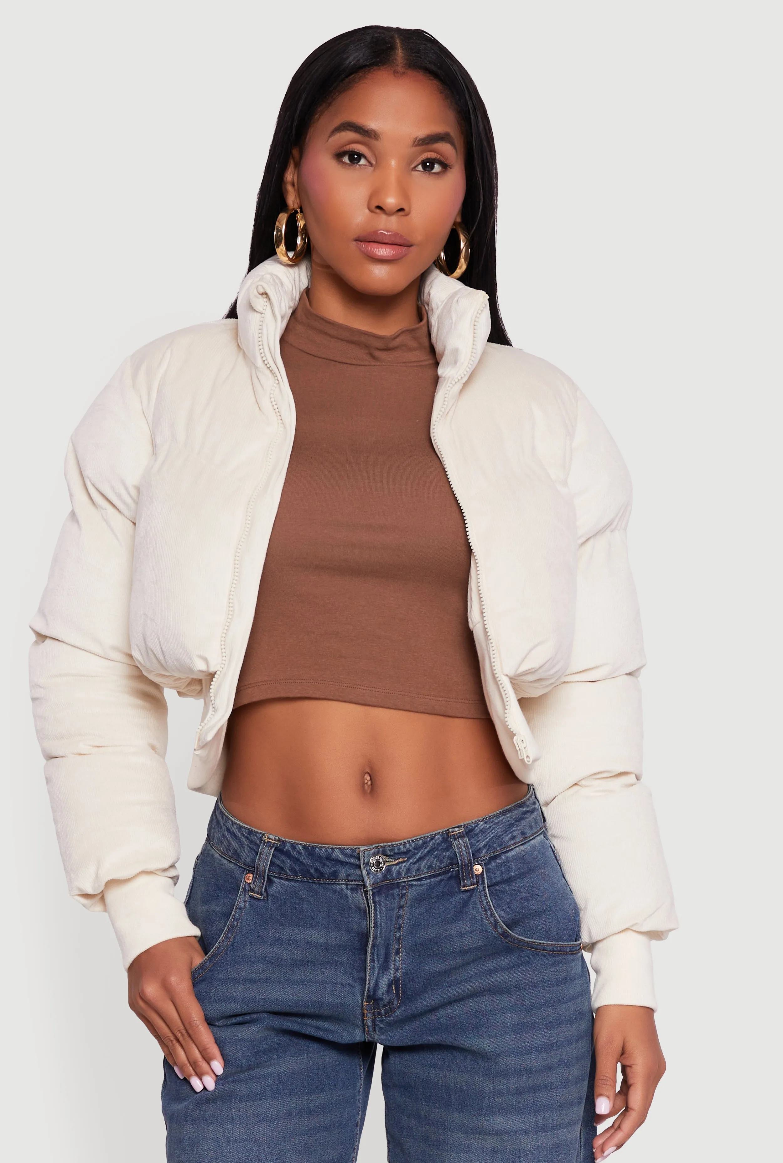 Corduroy Zip Front Mock Neck Cropped Puffer Jacket sold by Rainbow product image thumbnail 2
