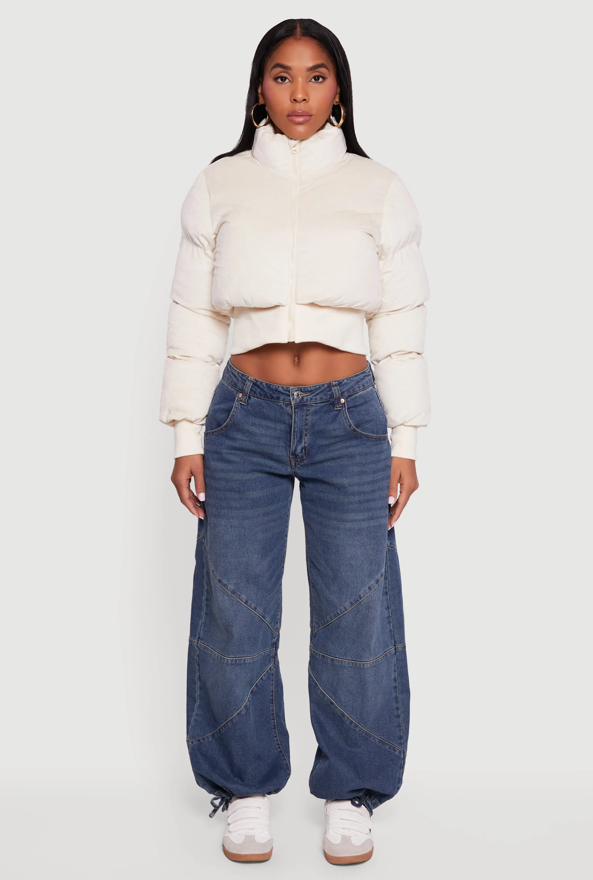 Corduroy Zip Front Mock Neck Cropped Puffer Jacket sold by Rainbow product image thumbnail 3