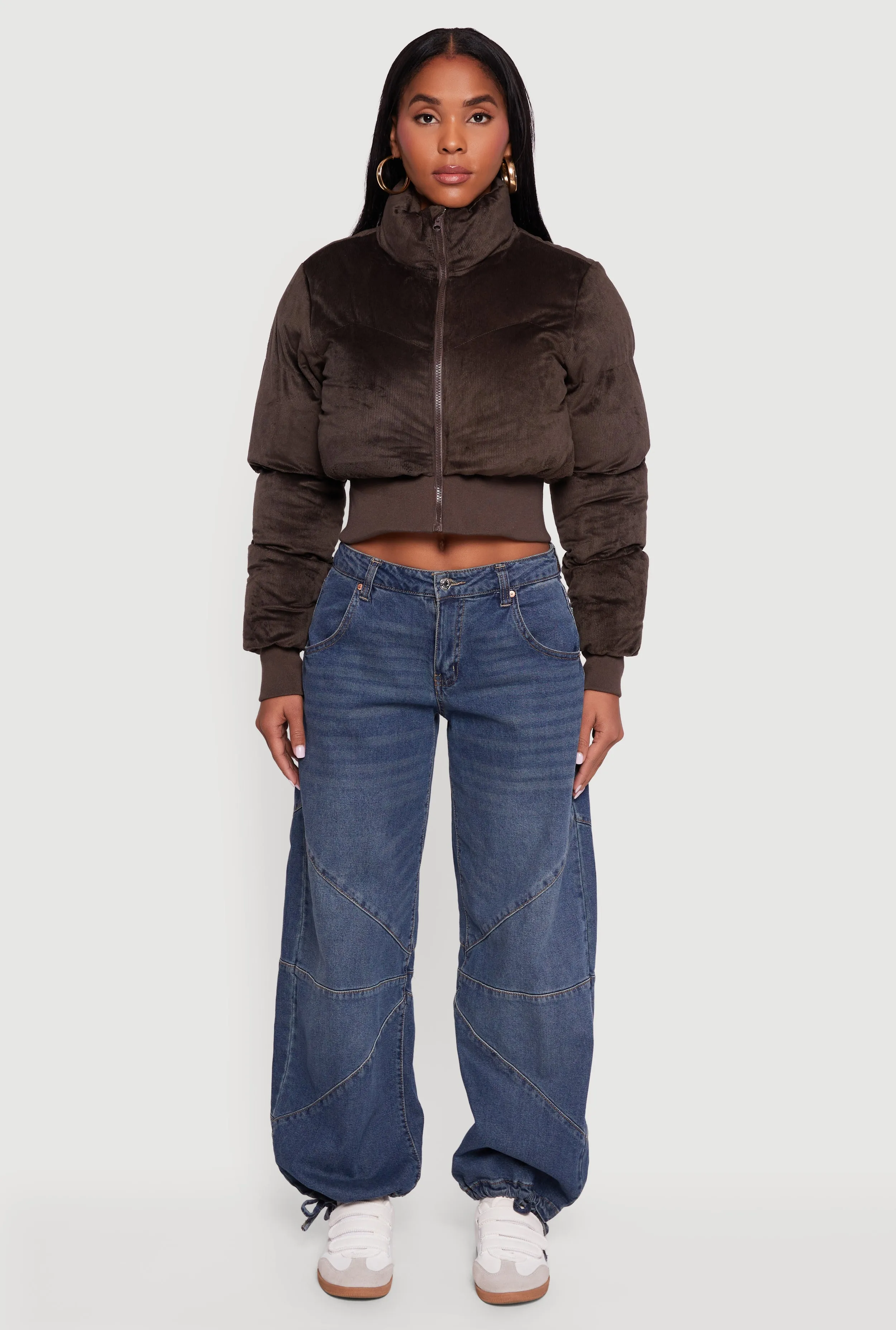 Corduroy Zip Front Mock Neck Cropped Puffer Jacket sold by Rainbow product image thumbnail 3