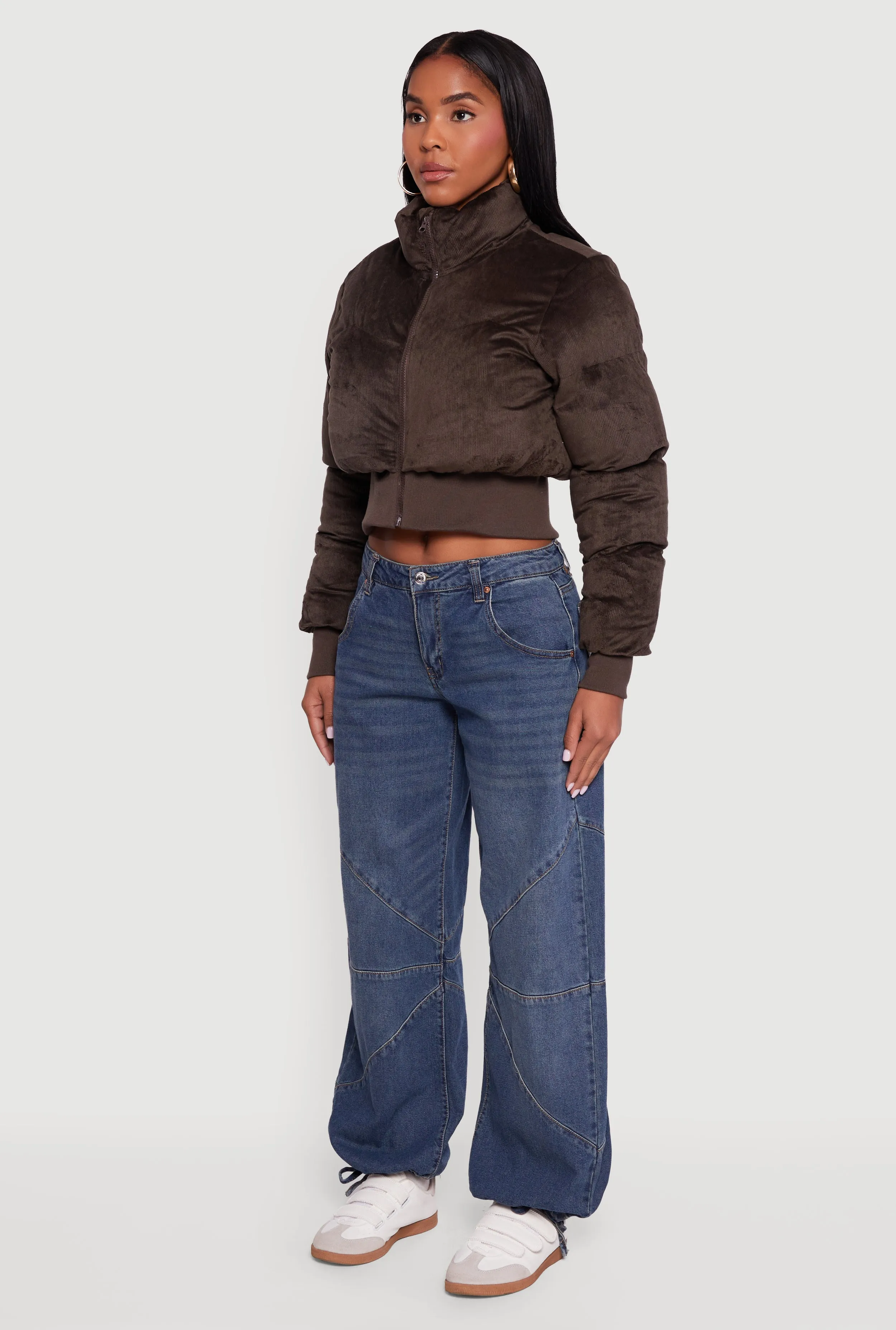 Corduroy Zip Front Mock Neck Cropped Puffer Jacket sold by Rainbow product image thumbnail 5