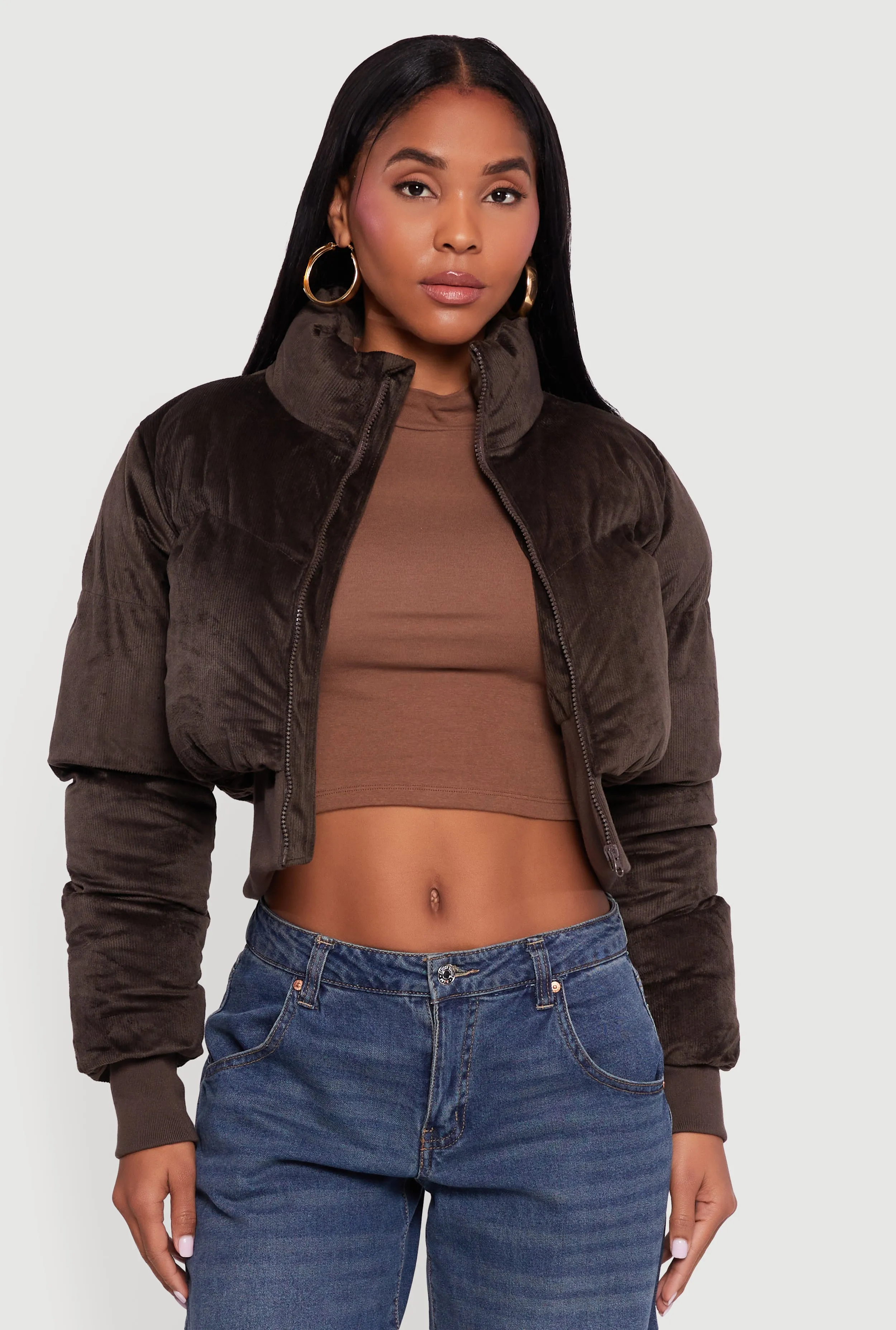 Corduroy Zip Front Mock Neck Cropped Puffer Jacket sold by Rainbow product image thumbnail 2