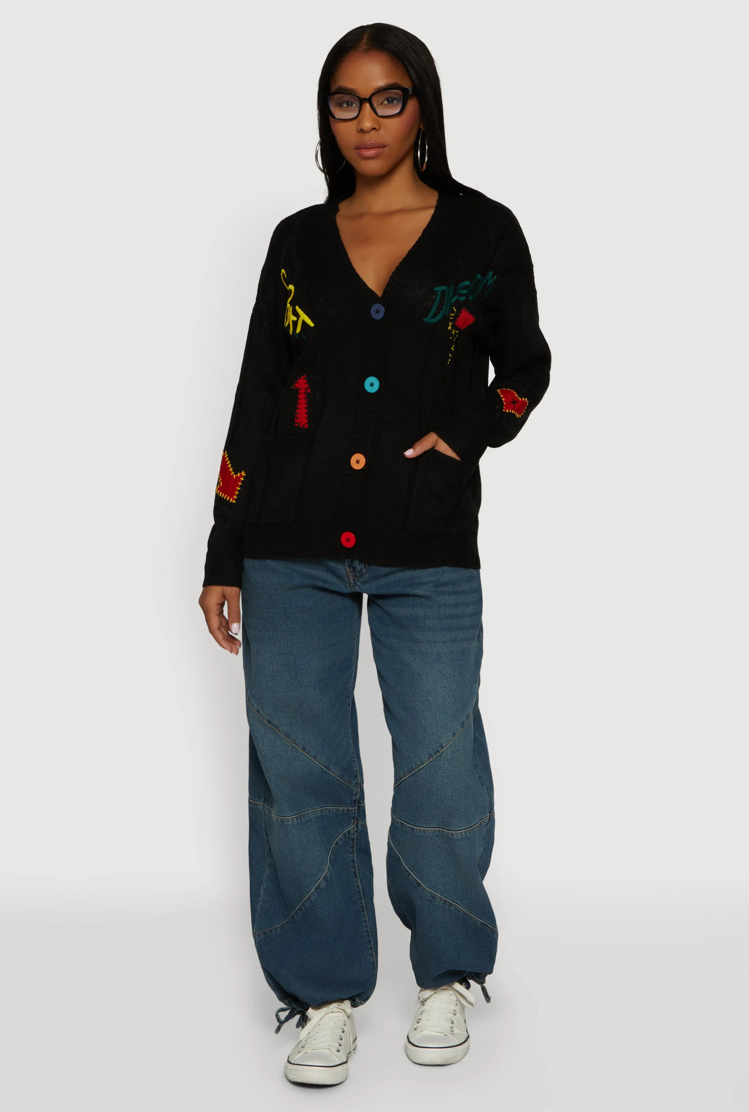 Embroidered Patchwork Graphic Button Front Cardigan sold by Rainbow