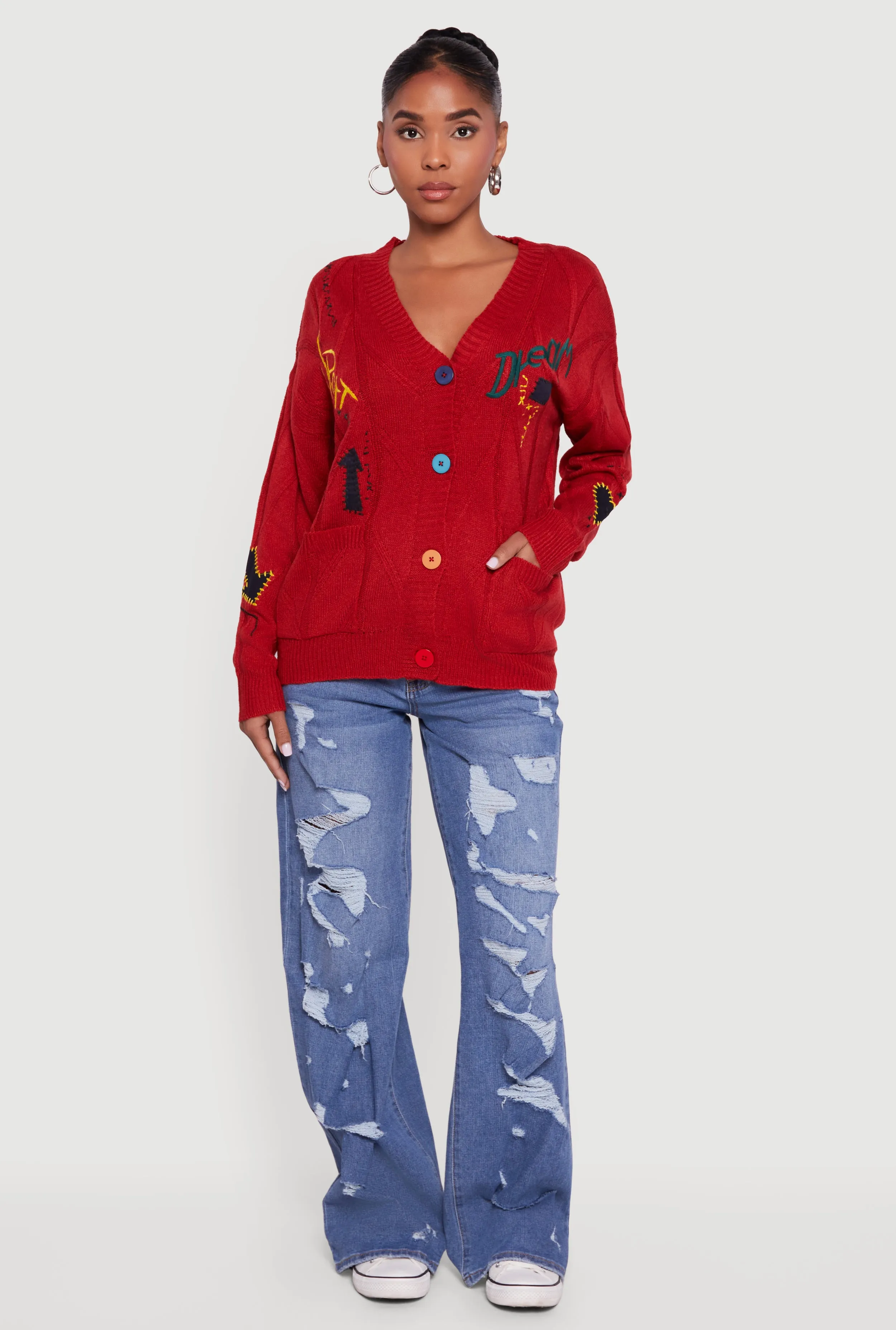 Embroidered Patchwork Graphic Button Front Cardigan sold by Rainbow