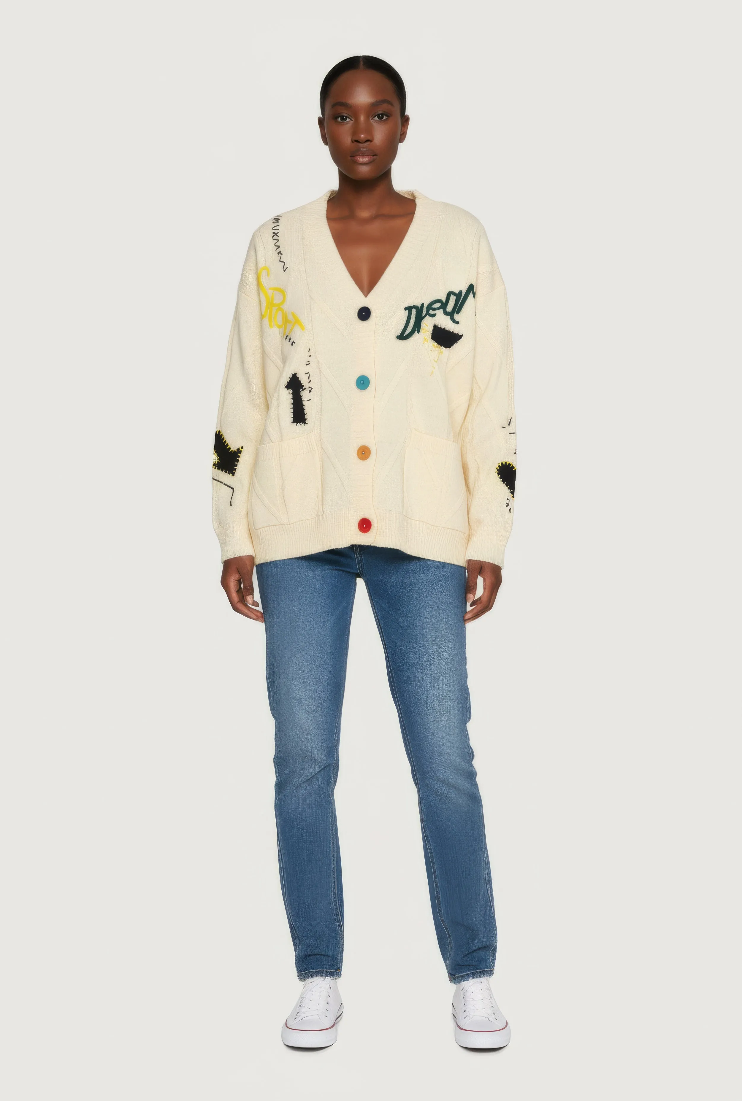 Embroidered Patchwork Graphic Button Front Cardigan sold by Rainbow product image thumbnail 5