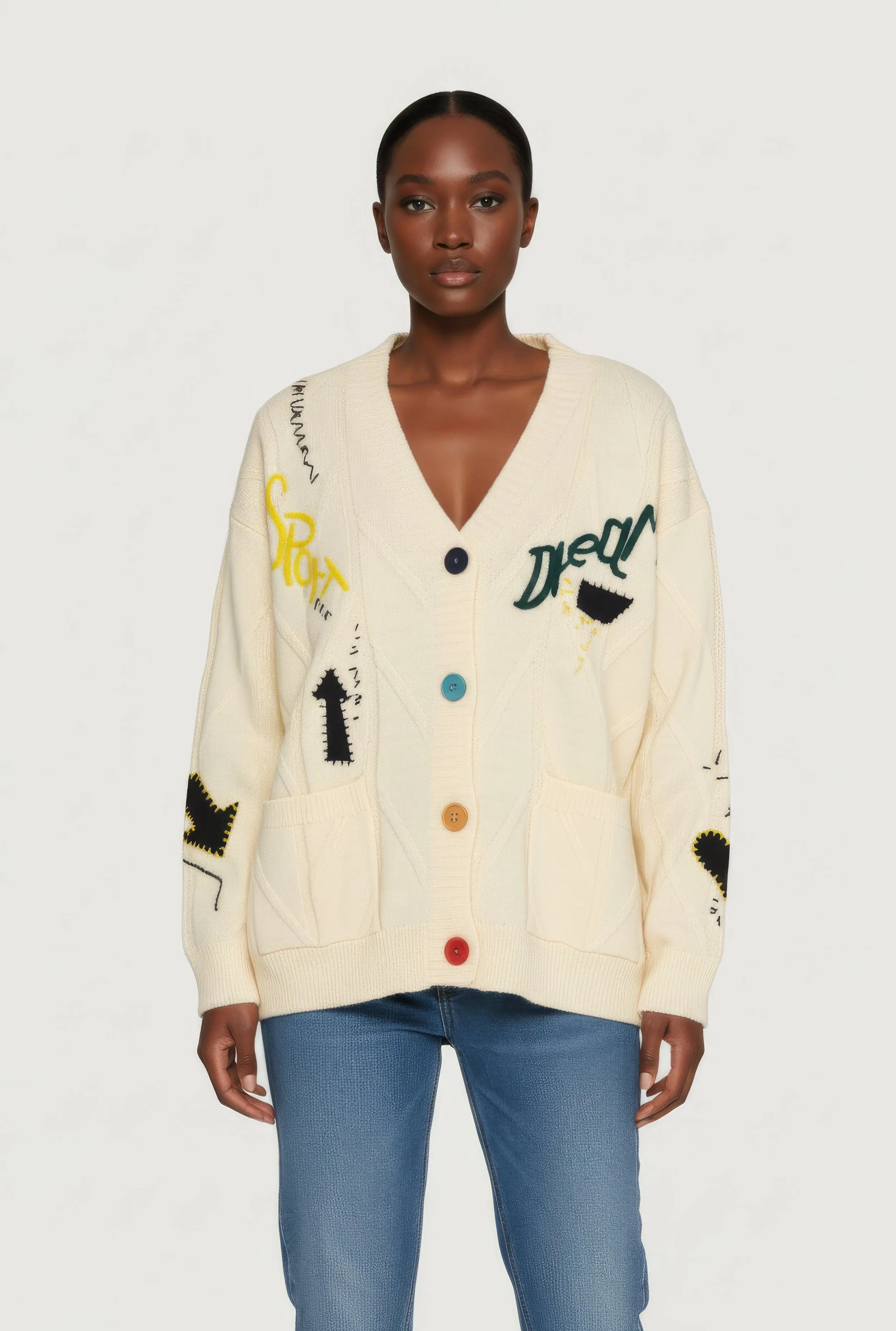 Embroidered Patchwork Graphic Button Front Cardigan sold by Rainbow product image thumbnail 2