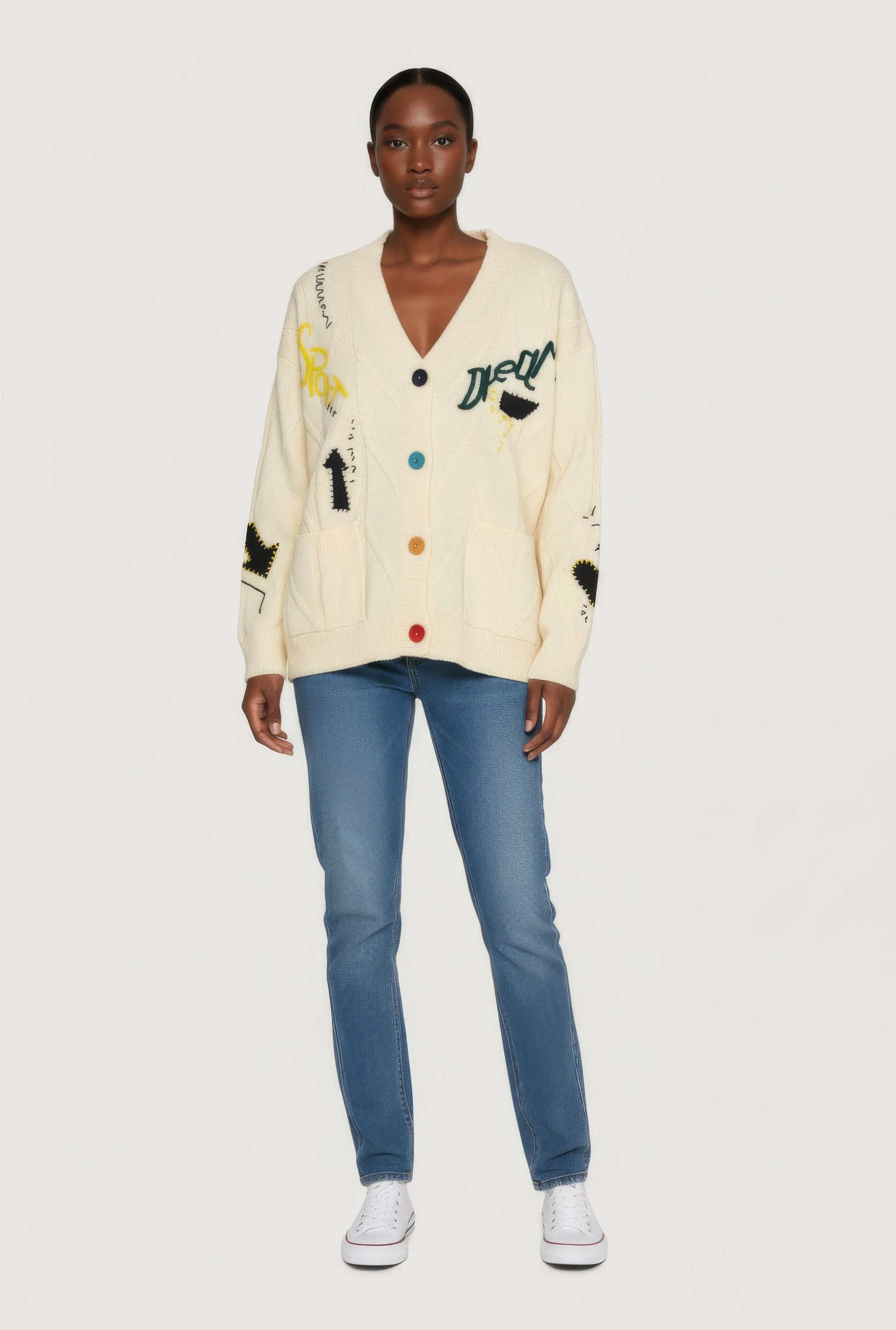 Embroidered Patchwork Graphic Button Front Cardigan sold by Rainbow product image thumbnail 3
