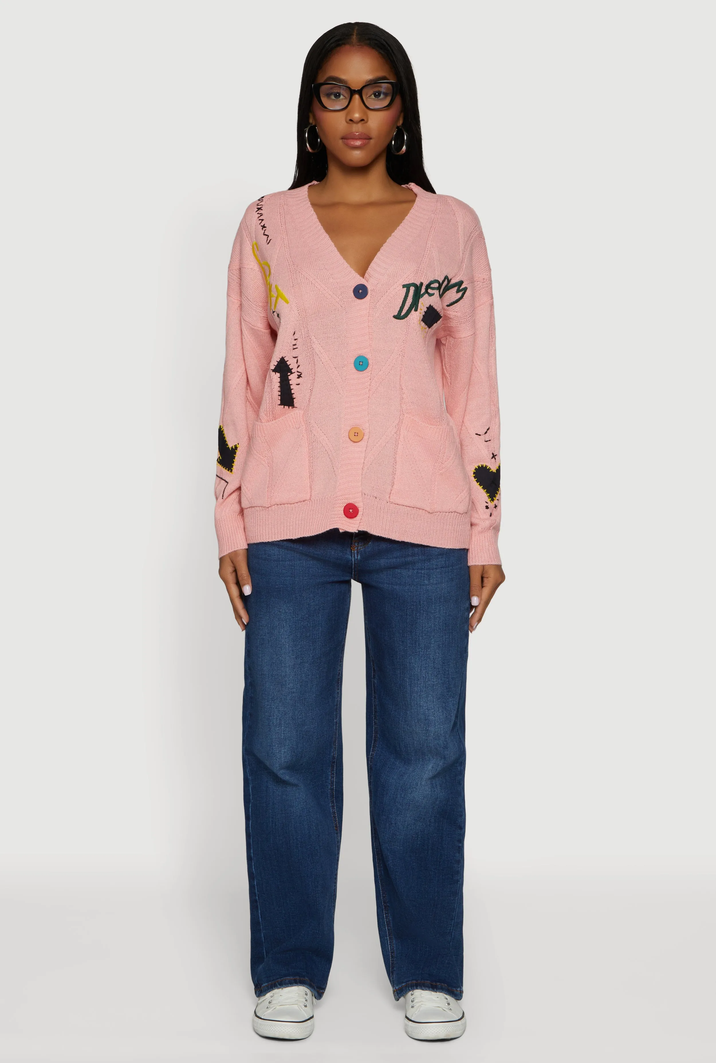 Embroidered Patchwork Graphic Button Front Cardigan sold by Rainbow product image thumbnail 3