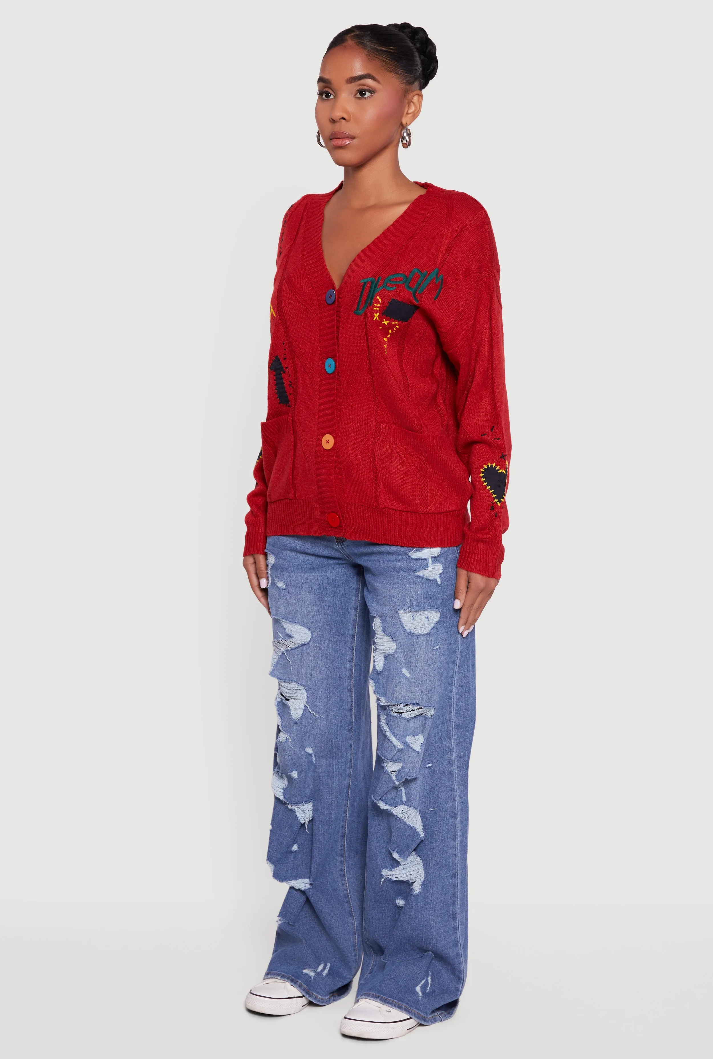 Embroidered Patchwork Graphic Button Front Cardigan sold by Rainbow product image thumbnail 5