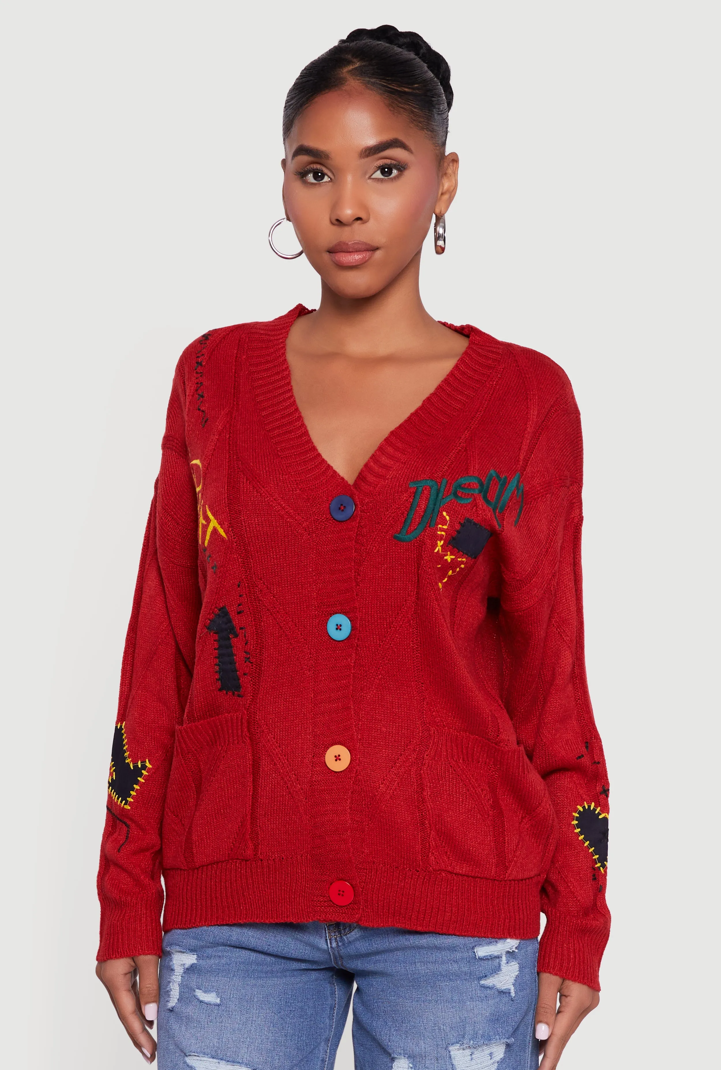 Embroidered Patchwork Graphic Button Front Cardigan sold by Rainbow product image thumbnail 2