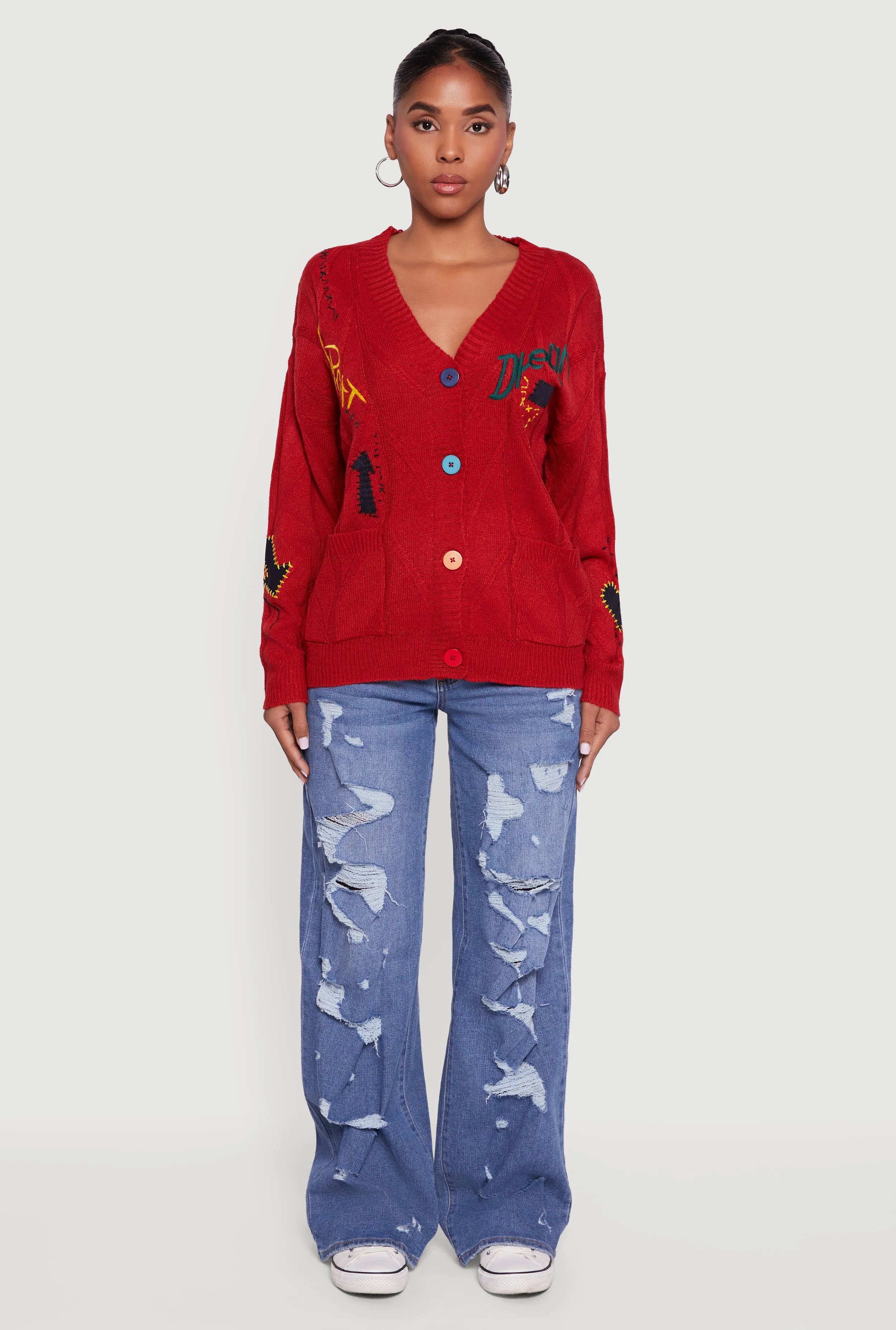 Embroidered Patchwork Graphic Button Front Cardigan sold by Rainbow product image thumbnail 3