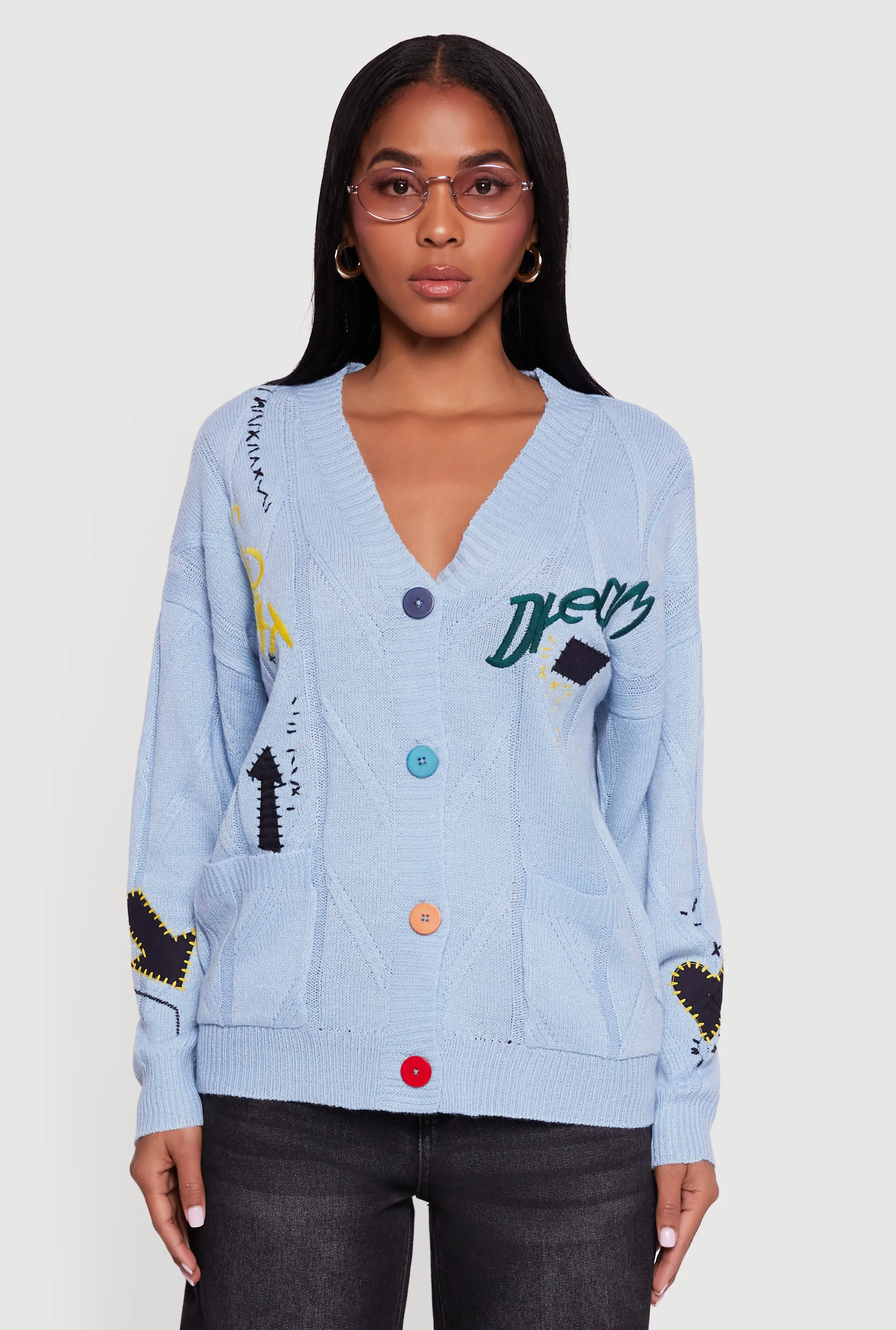 Embroidered Patchwork Graphic Button Front Cardigan sold by Rainbow product image thumbnail 2