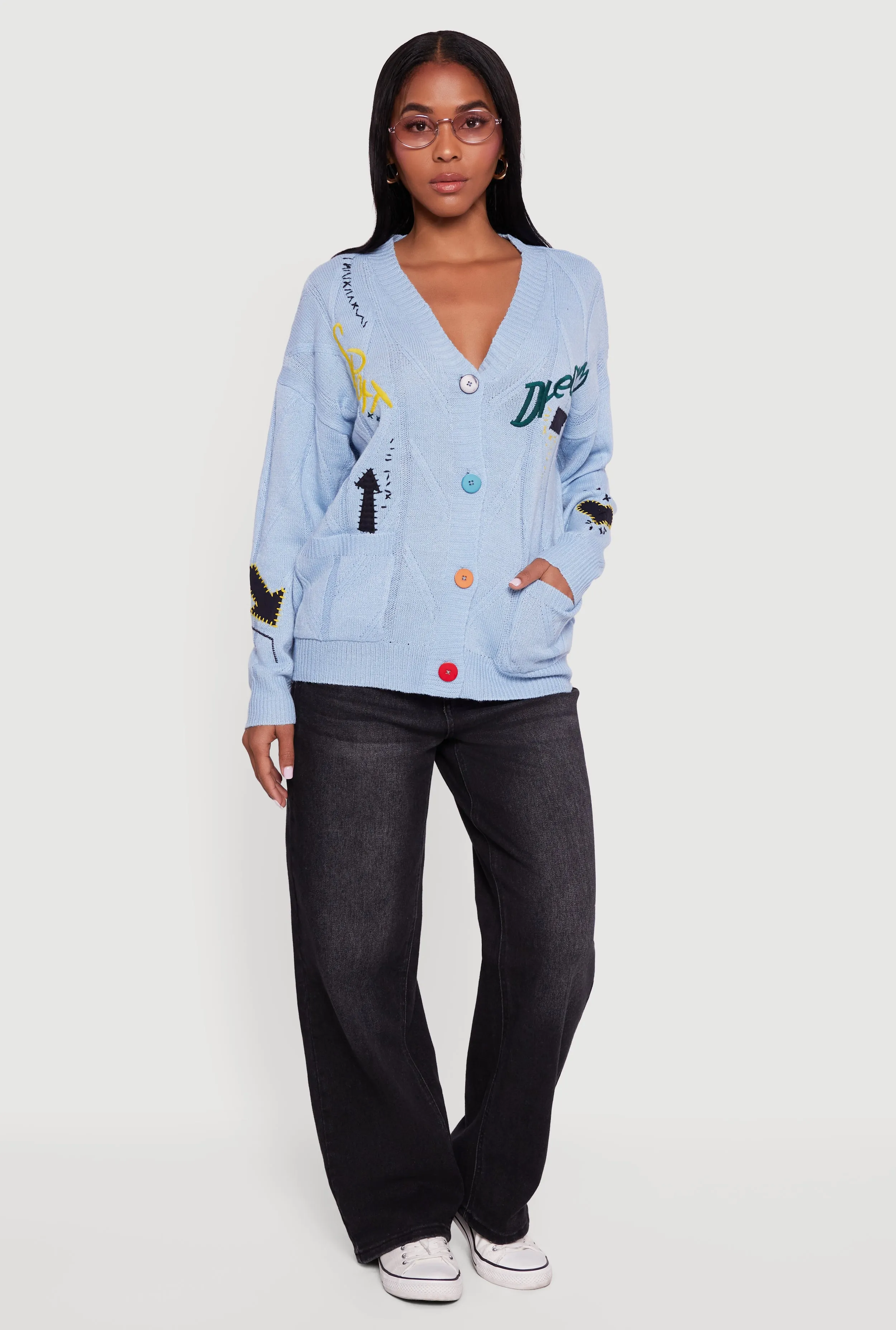 Embroidered Patchwork Graphic Button Front Cardigan sold by Rainbow product image thumbnail 3
