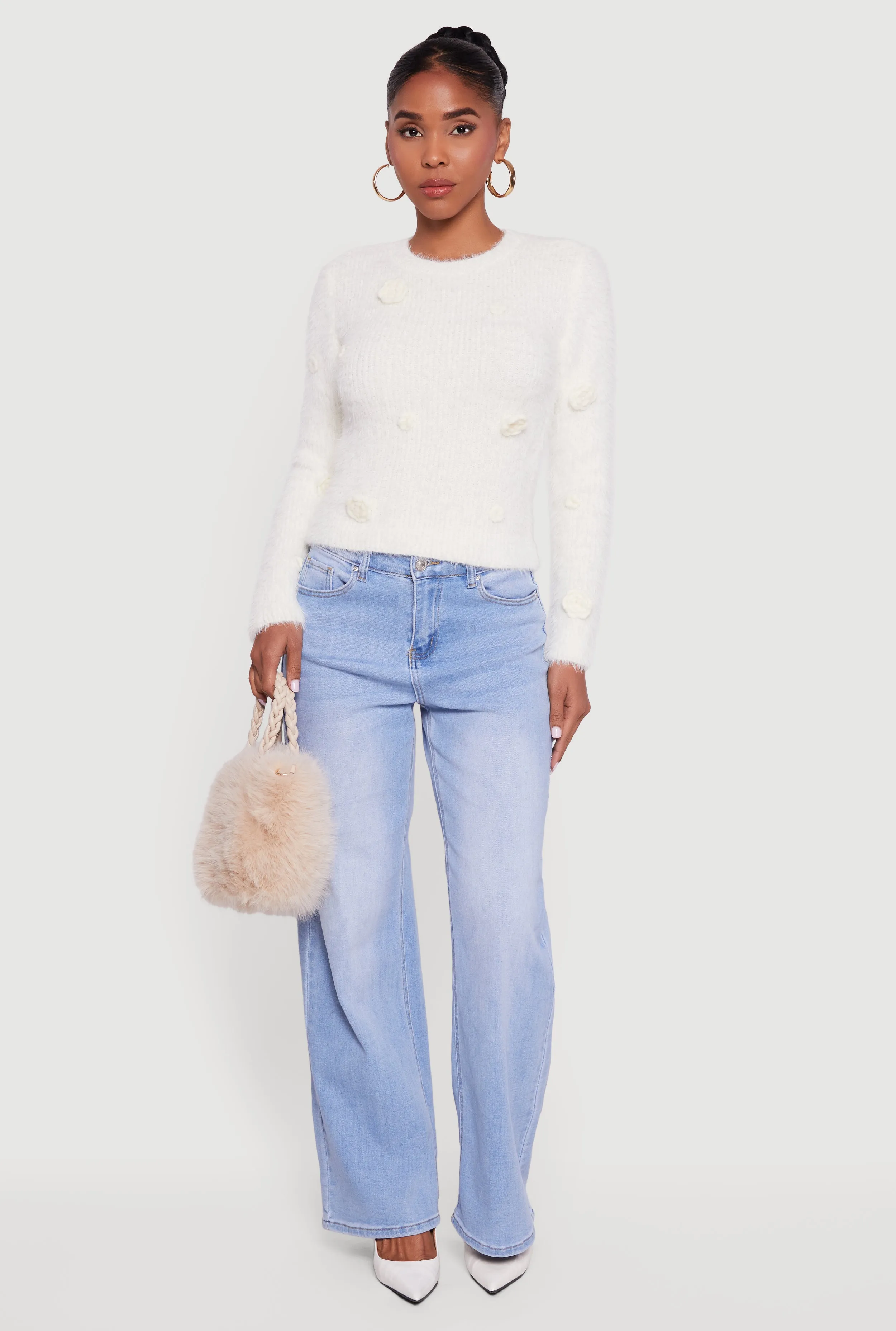 Rose Applique Long Sleeve Eyelash Knit Sweater sold by Rainbow product image thumbnail 3