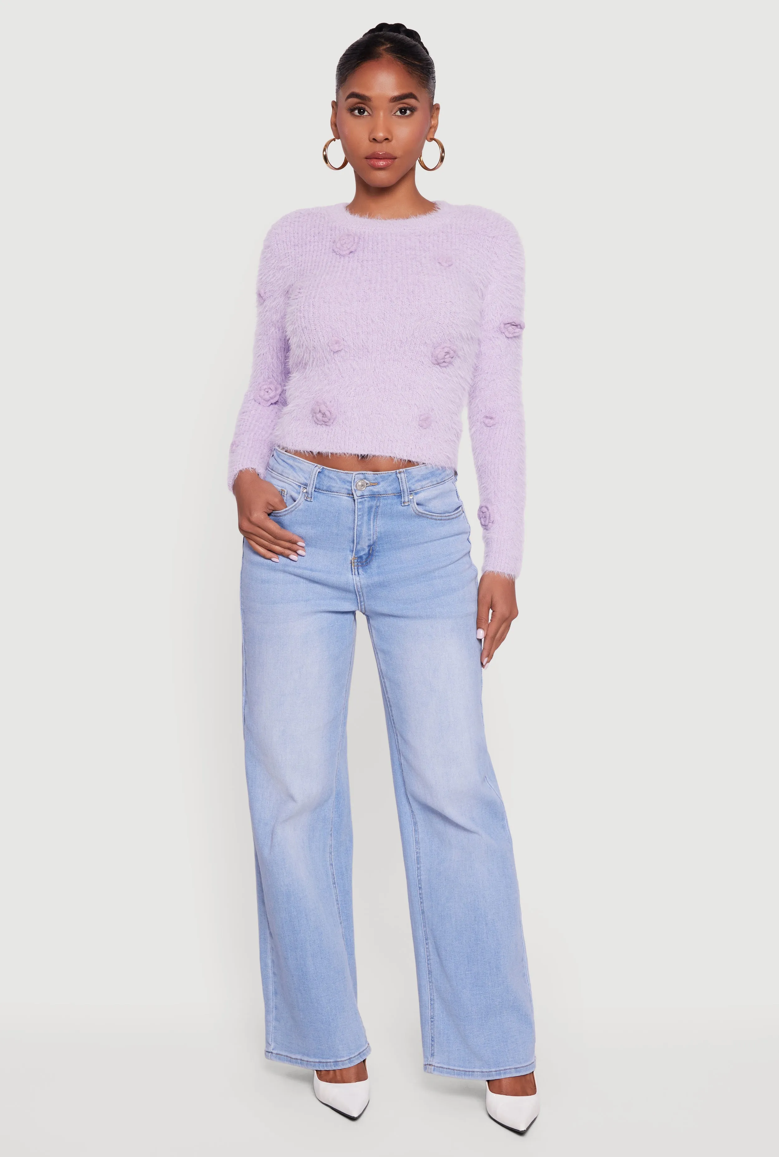 Rose Applique Long Sleeve Eyelash Knit Sweater sold by Rainbow product image thumbnail 4