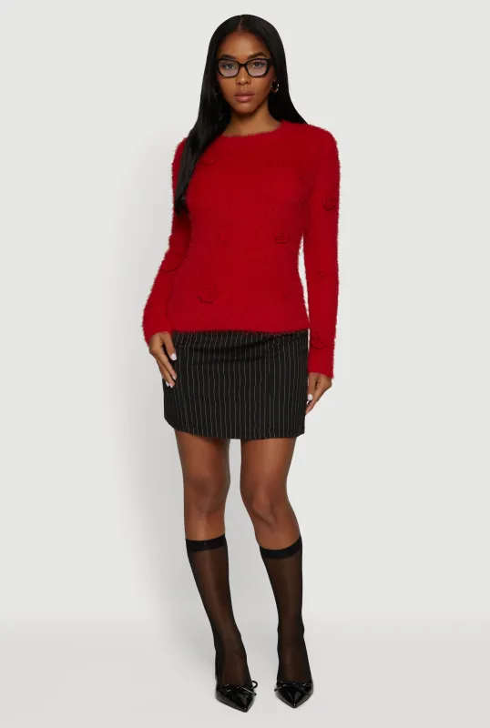 Rose Applique Long Sleeve Eyelash Knit Sweater sold by Rainbow