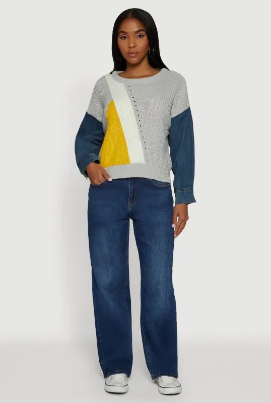 Color Blocked Sweater with Denim Sleeves sold by Rainbow