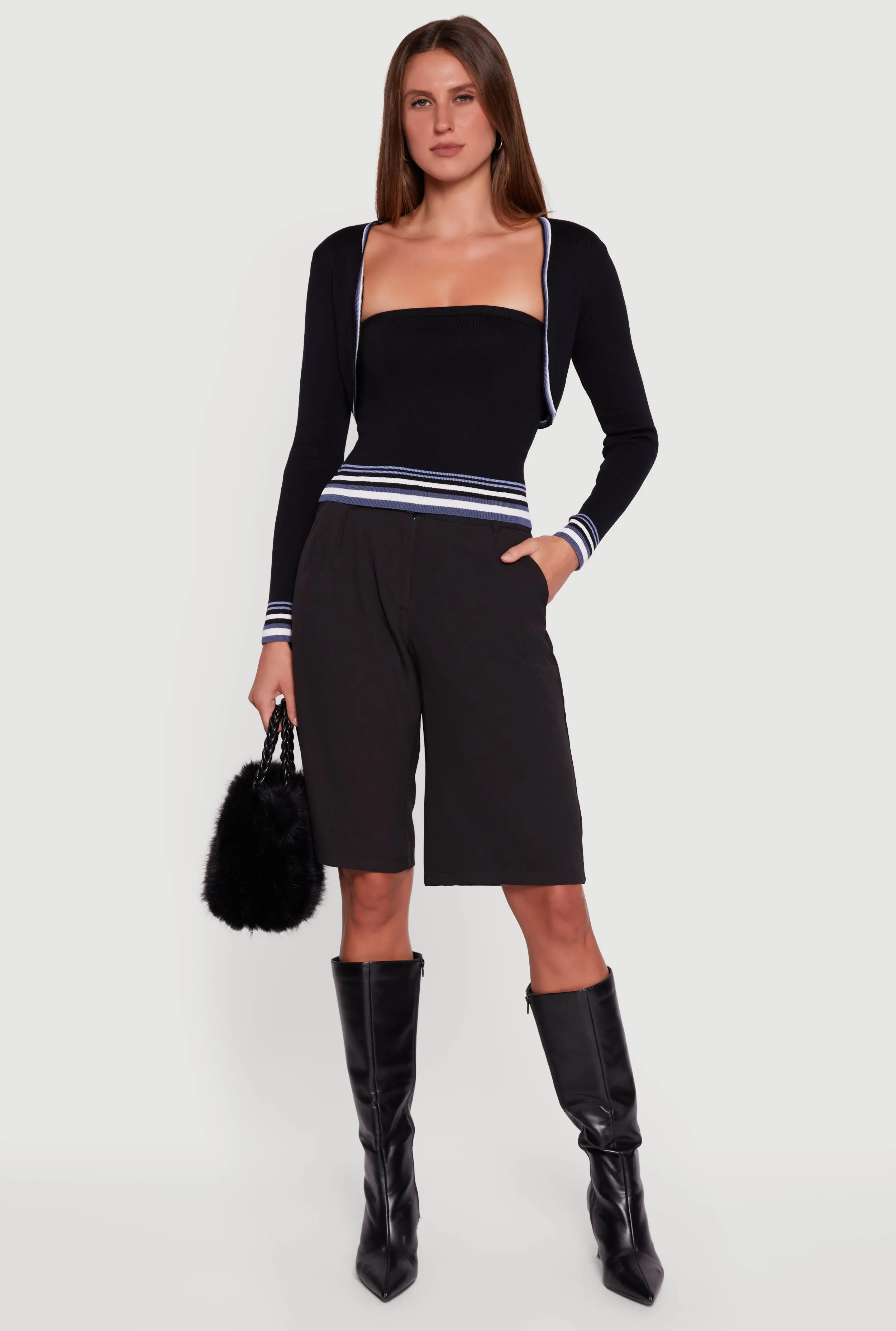 Contrast Trim Bolero Cardigan and Sweater Tube Top sold by Rainbow