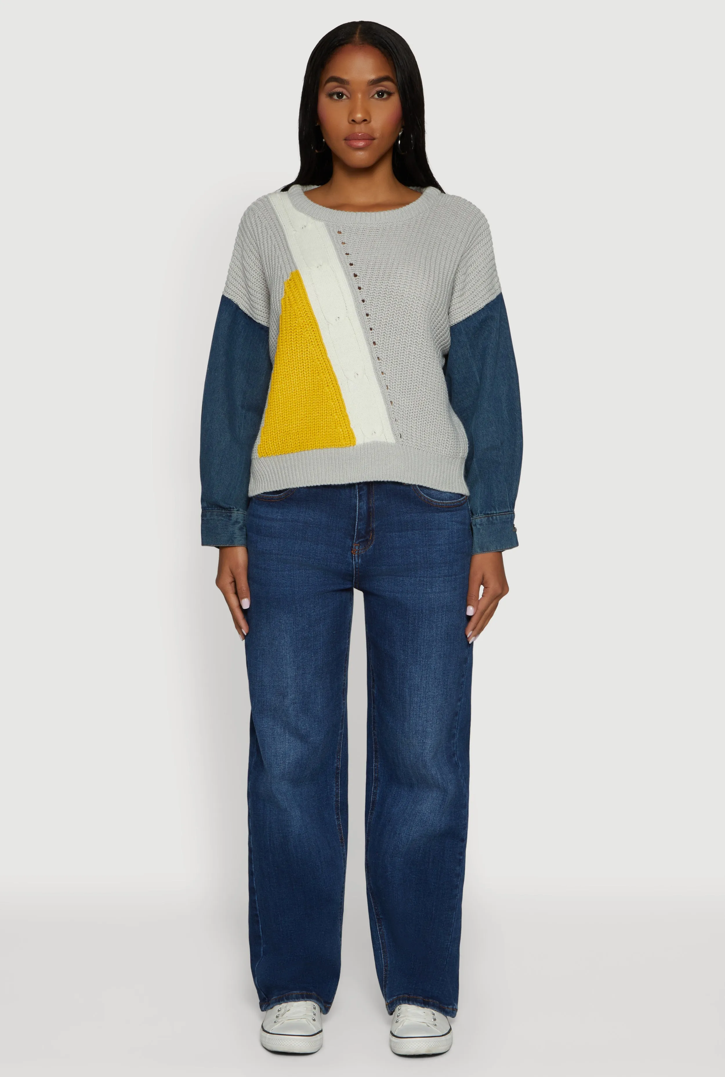 Color Blocked Sweater with Denim Sleeves sold by Rainbow product image thumbnail 3